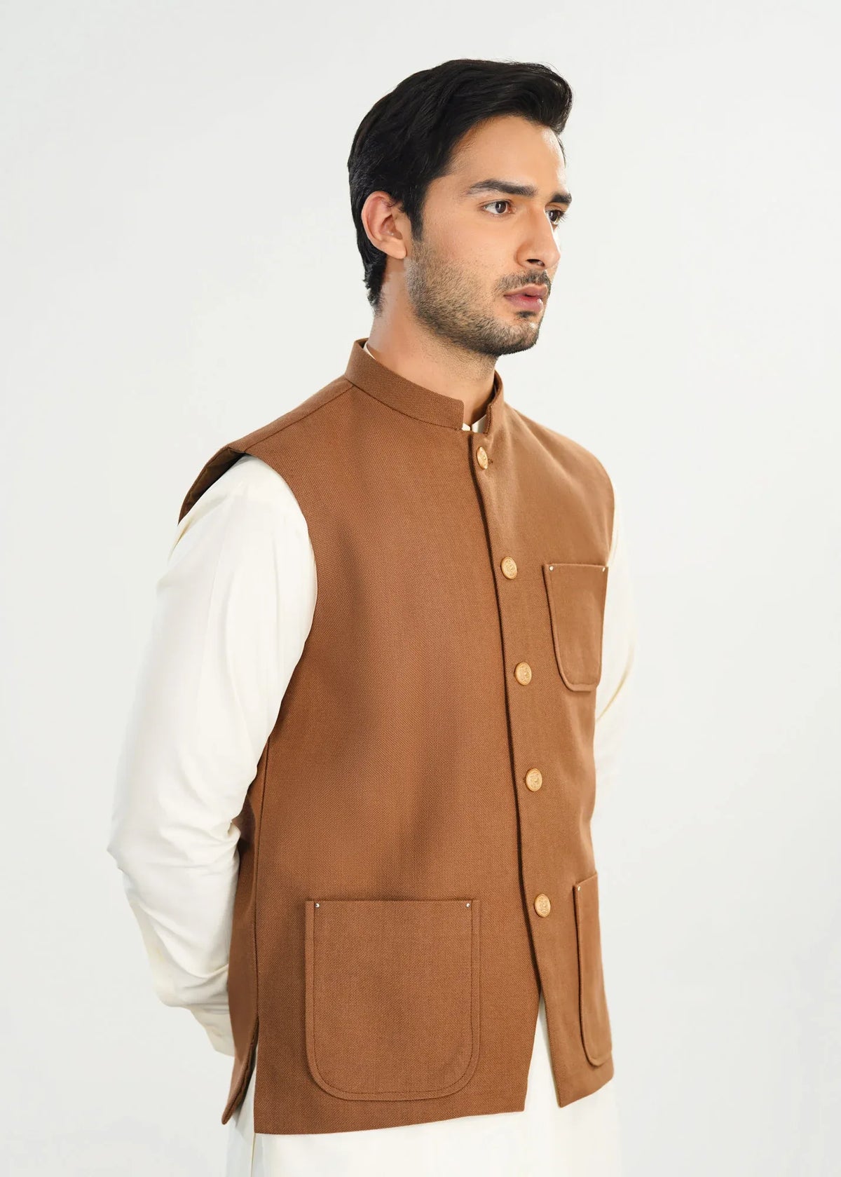 Bosky White Kurta Shalwar with Camel Khaddar Waistcoat - A-Line Cut - Men - Muraqsh -- Menswear