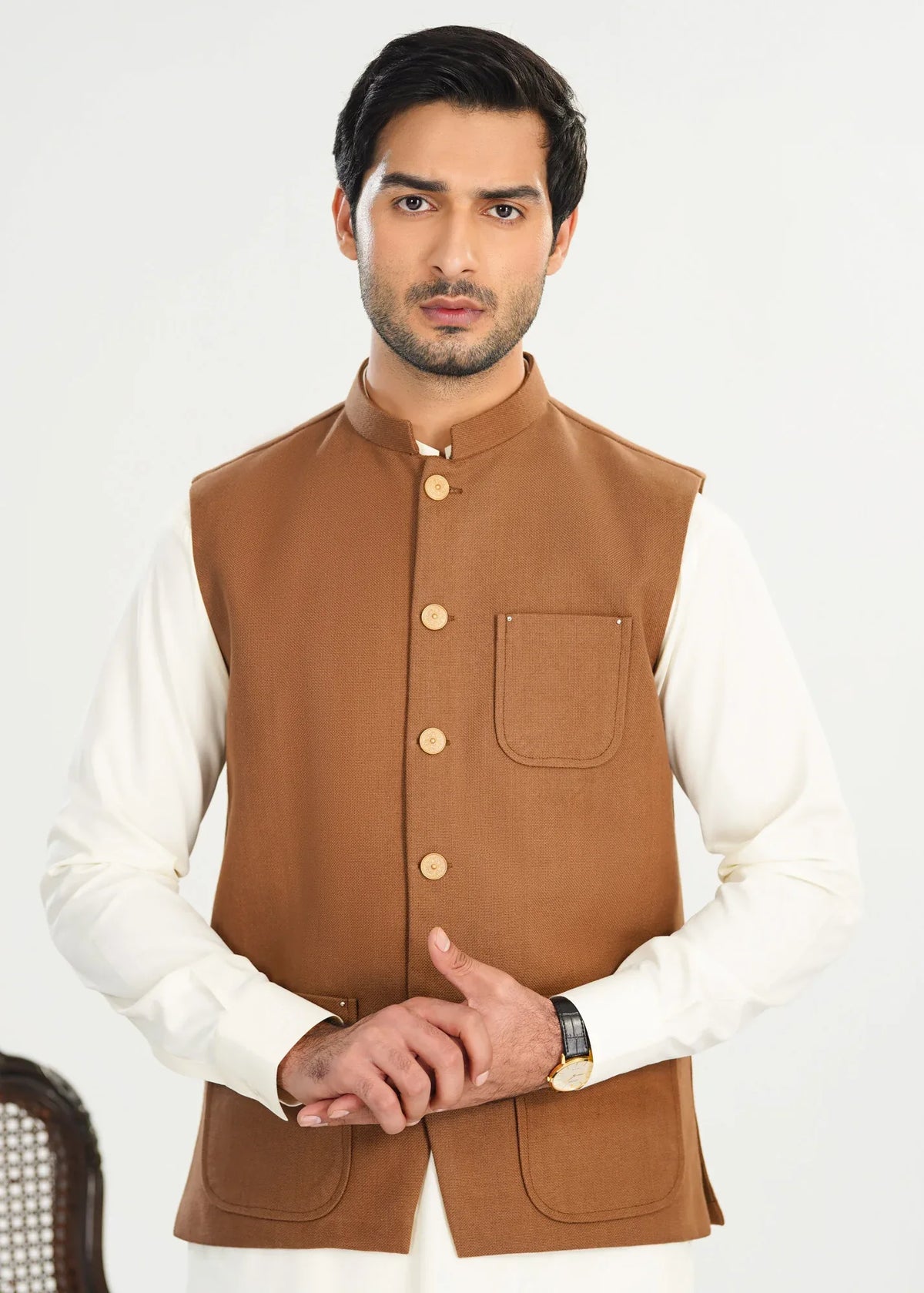 Bosky White Kurta Shalwar with Camel Khaddar Waistcoat - A-Line Cut - Men - Muraqsh -- Menswear