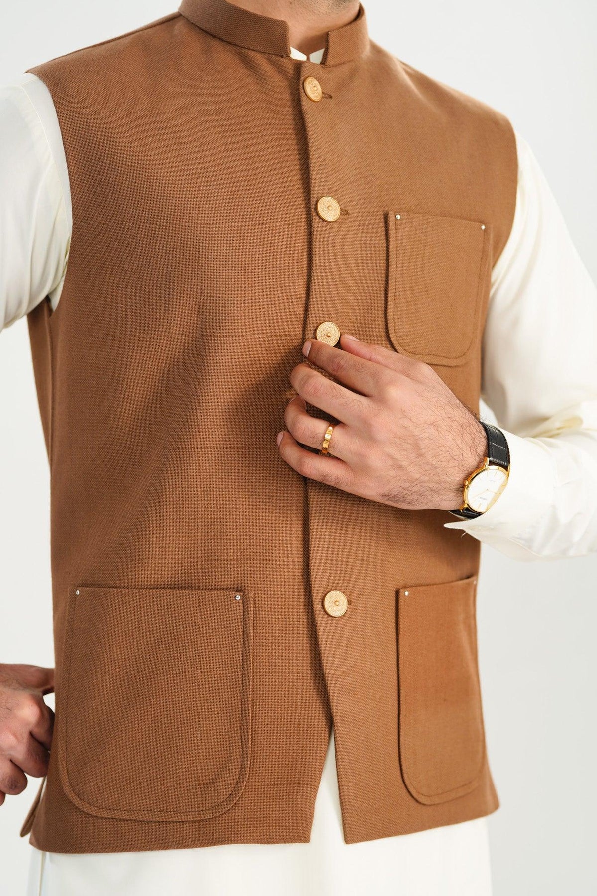 Camel Handloomed Khaddar Waistcoat - A-Line Cut - Men - Muraqsh -- Menswear