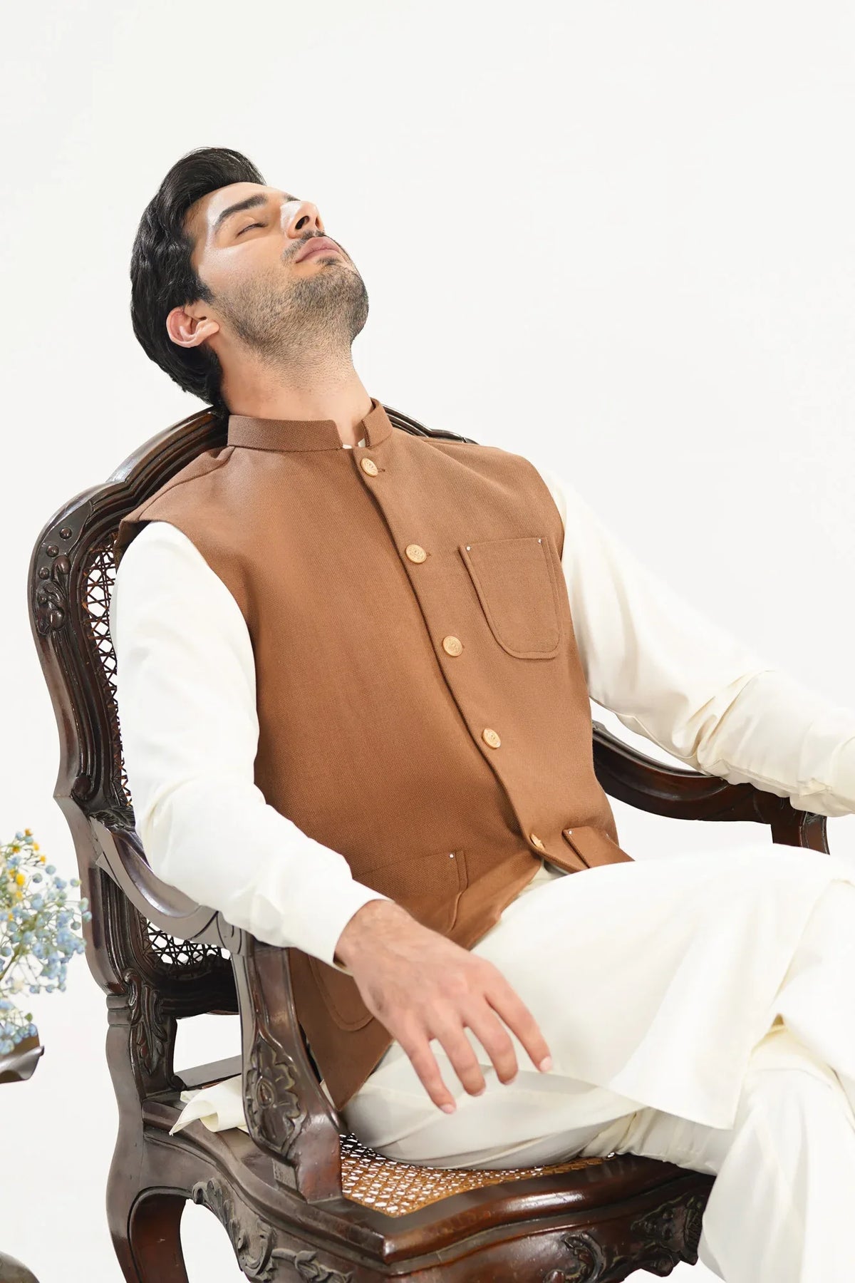 Bosky White Kurta Shalwar with Camel Khaddar Waistcoat - A-Line Cut - Men - Muraqsh -- Menswear
