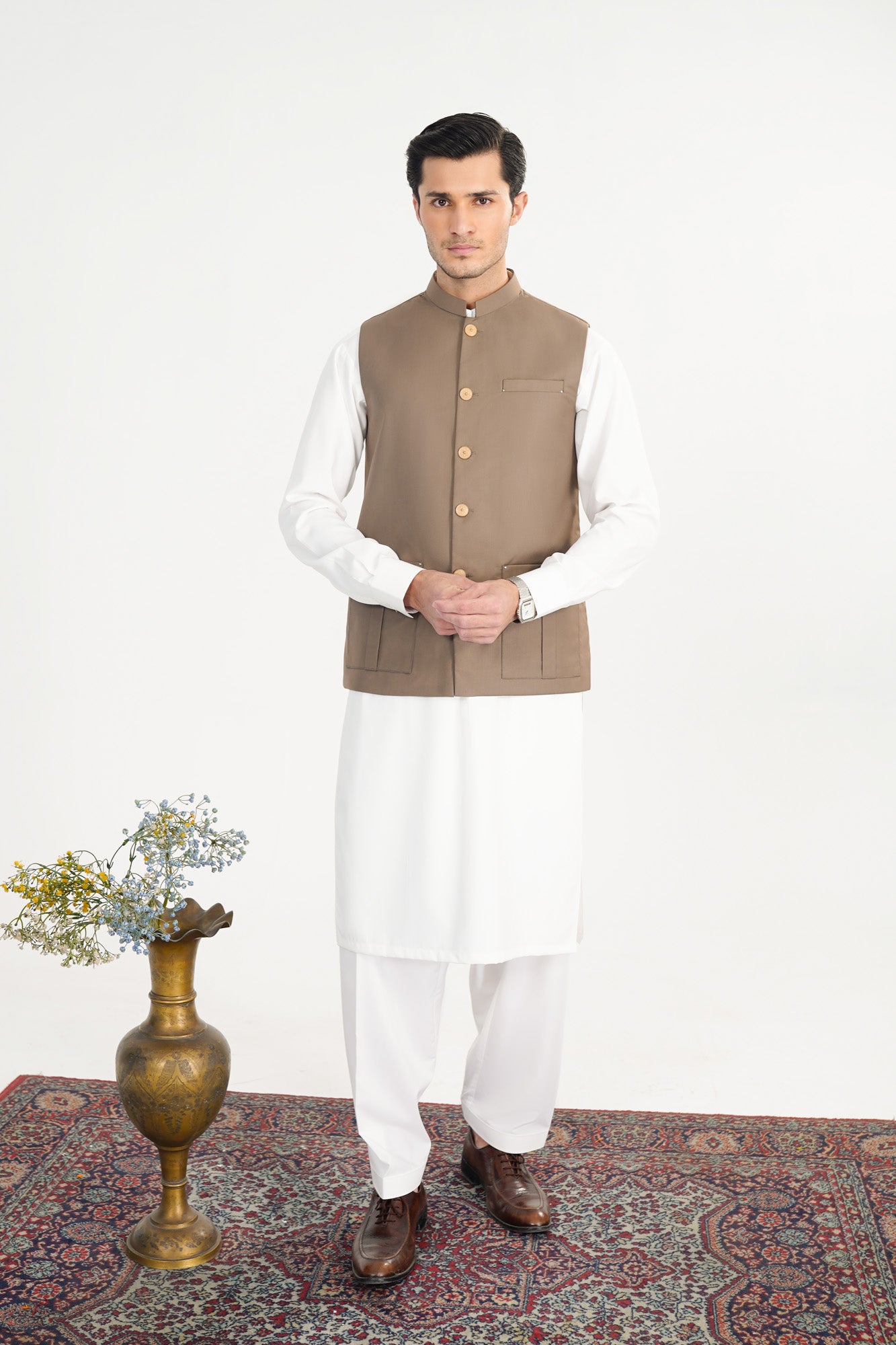 Off White Kurta Shalwar with Sand Beige Suiting Waistcoat - Straight Cut - Men - Men