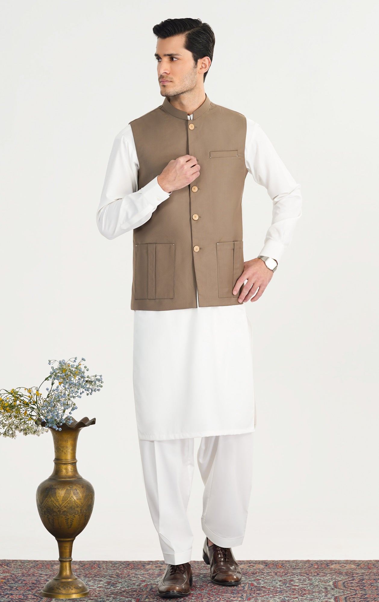 Off White Kurta Shalwar with Sand Beige Suiting Waistcoat - Straight Cut - Men - Men