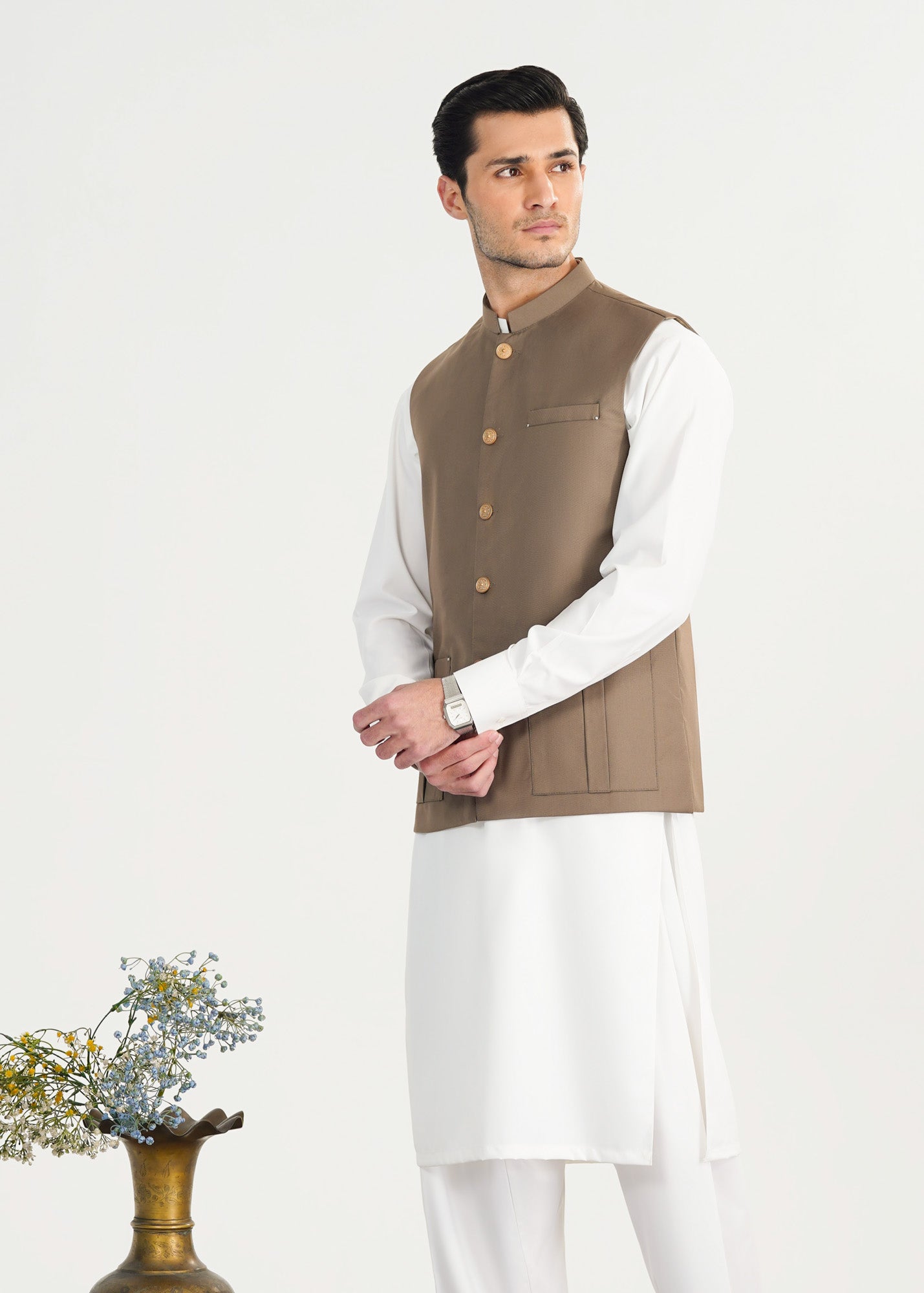 Off White Kurta Shalwar with Sand Beige Suiting Waistcoat - Straight Cut - Men - Men