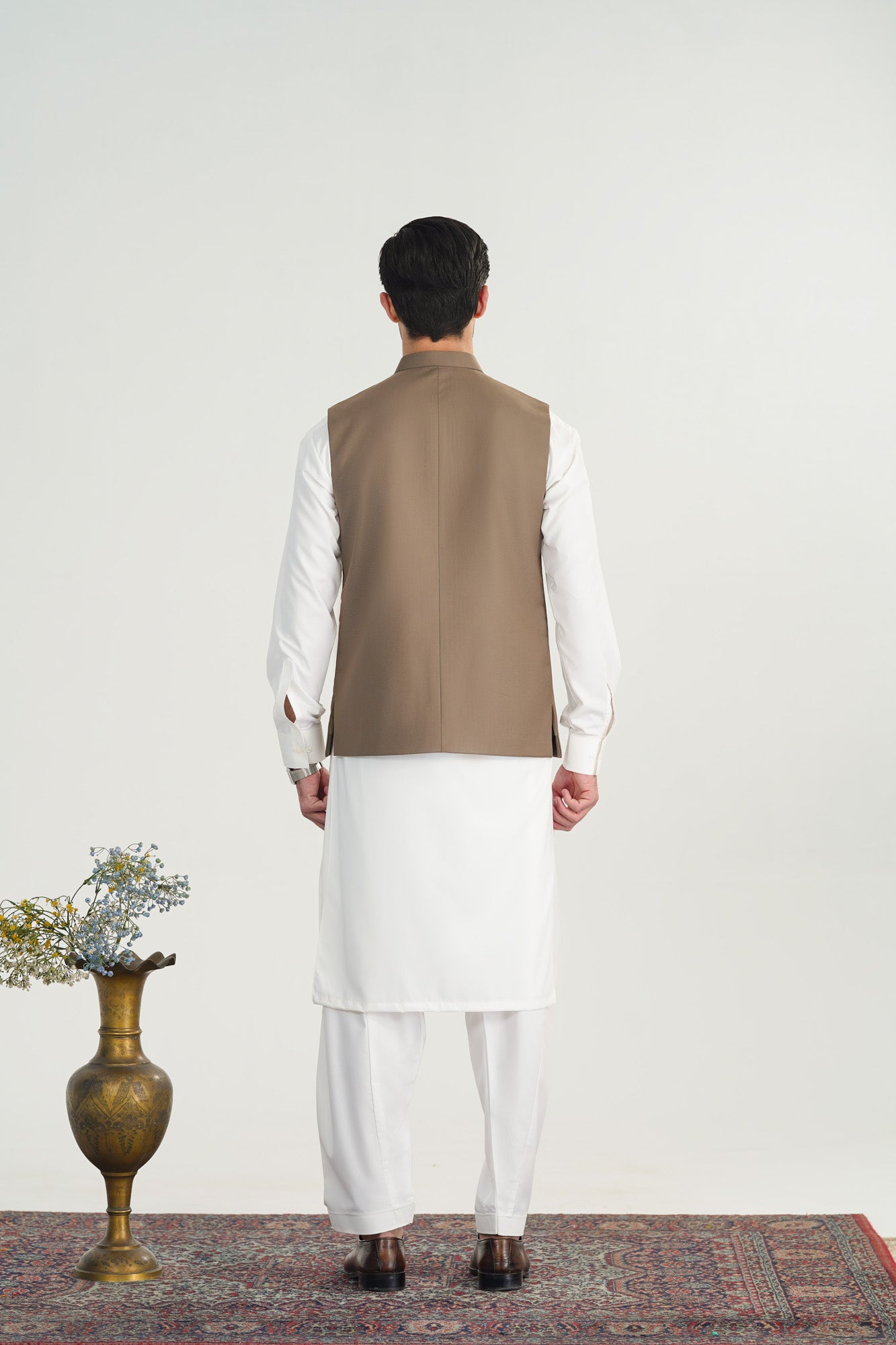 Off White Kurta Shalwar with Sand Beige Suiting Waistcoat - Straight Cut - Men - Men