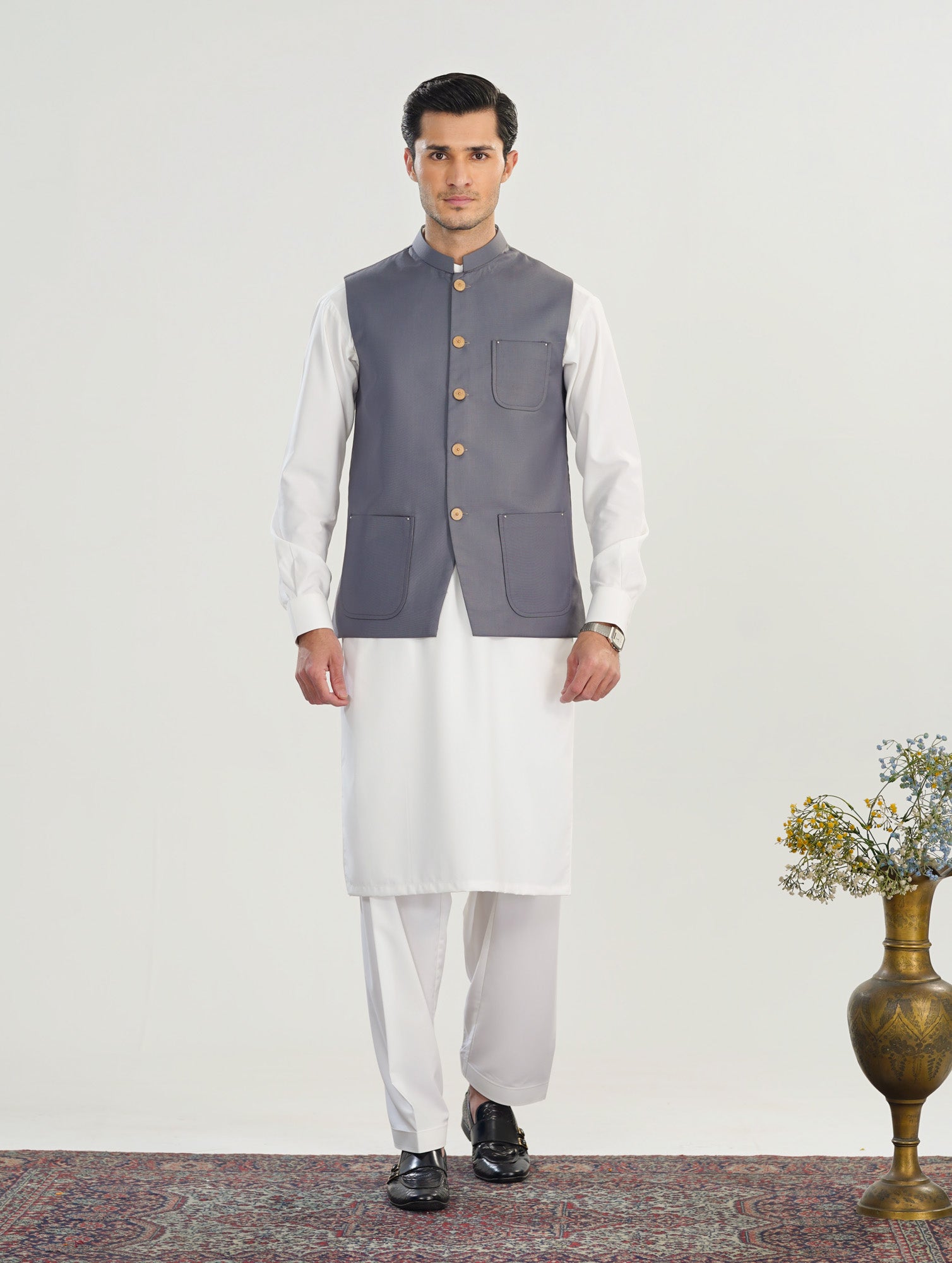 Bluish Grey Suiting Waistcoat - A Line Cut - Men - Men