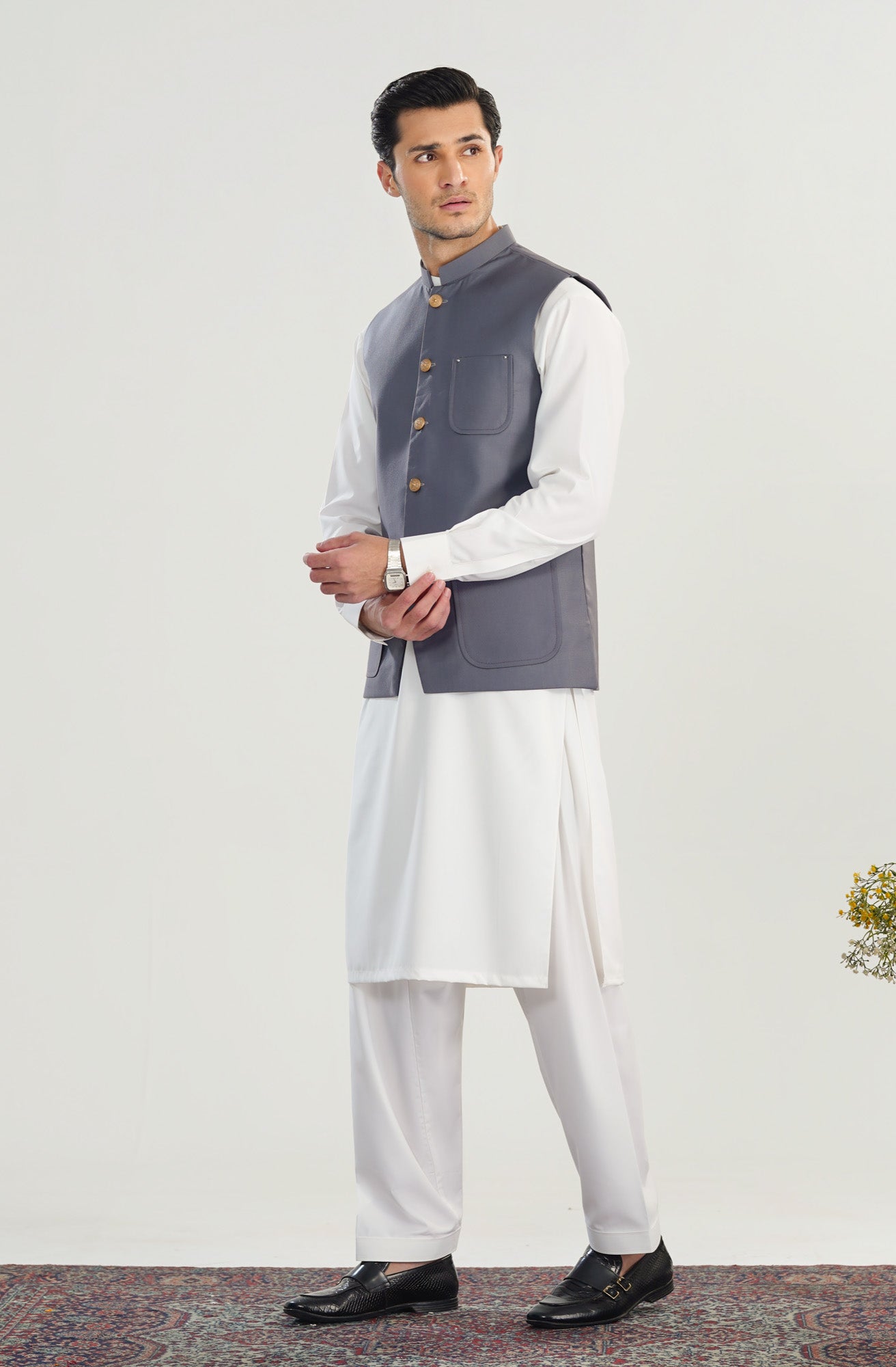 Off White Kurta Shalwar with Bluish Grey Suiting Waistcoat - Straight Cut - Men - Men