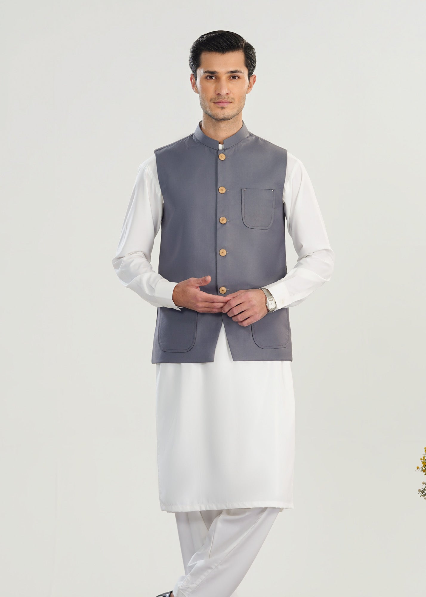Off White Kurta Shalwar with Bluish Grey Suiting Waistcoat - Straight Cut - Men - Men