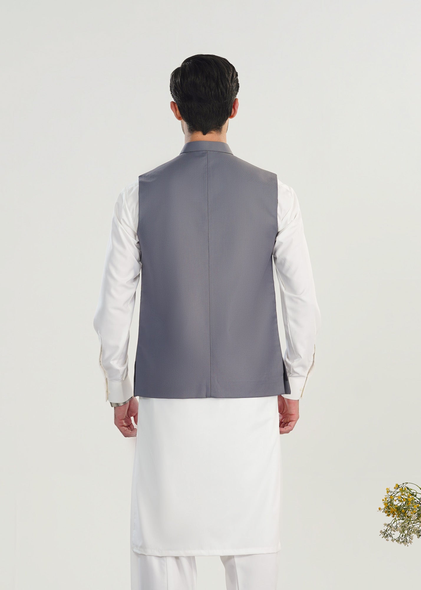 Off White Kurta Shalwar with Bluish Grey Suiting Waistcoat - Straight Cut - Men - Men