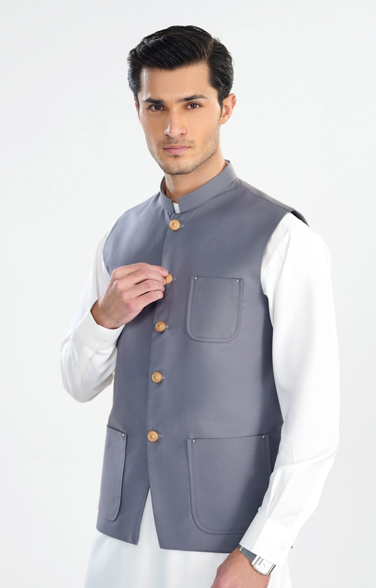 Off White Kurta Shalwar with Bluish Grey Suiting Waistcoat - Straight Cut - Men - Men