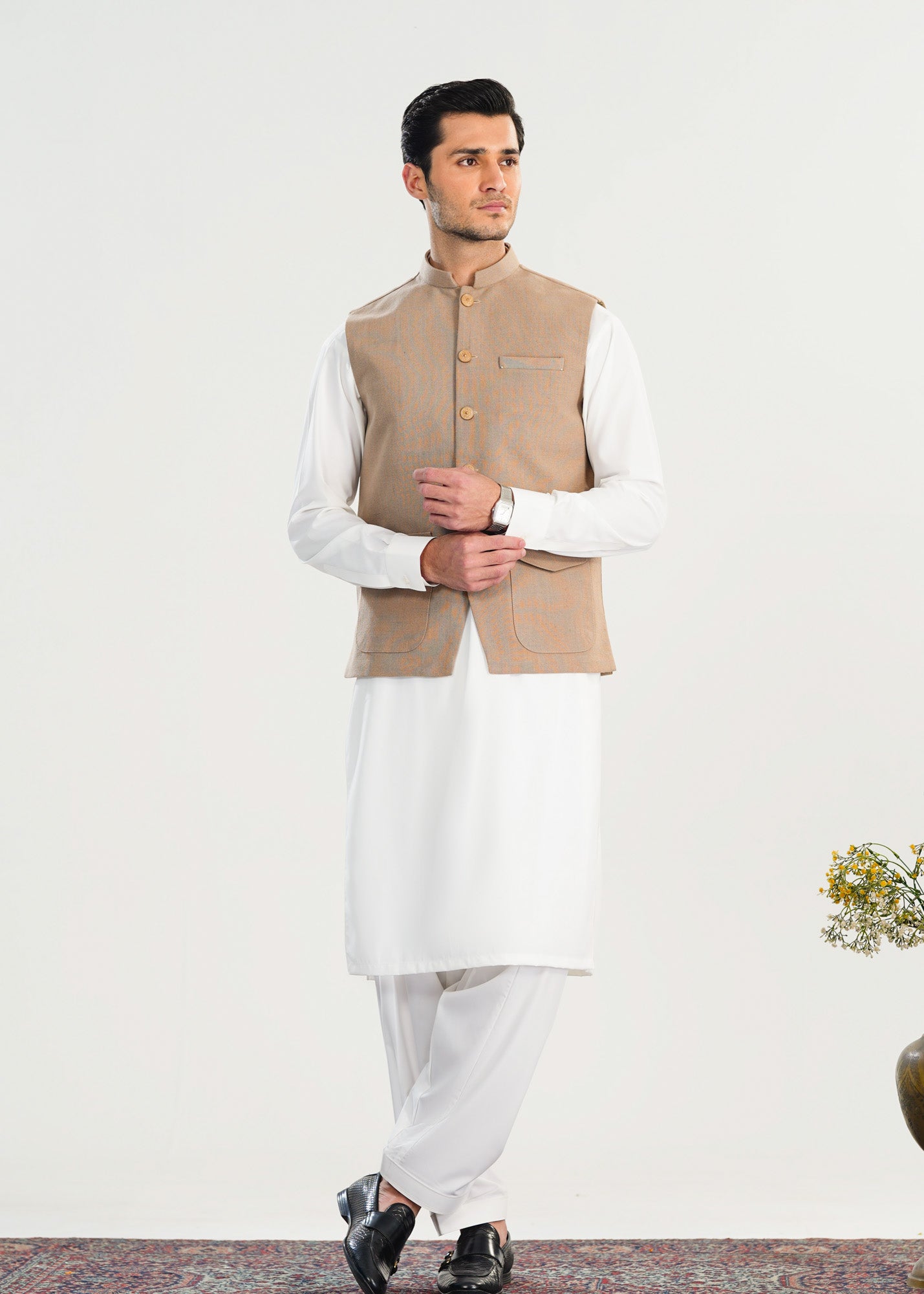Off White Kurta Shalwar with Beige Khaddar Waistcoat - A-Line Cut - Men - Men