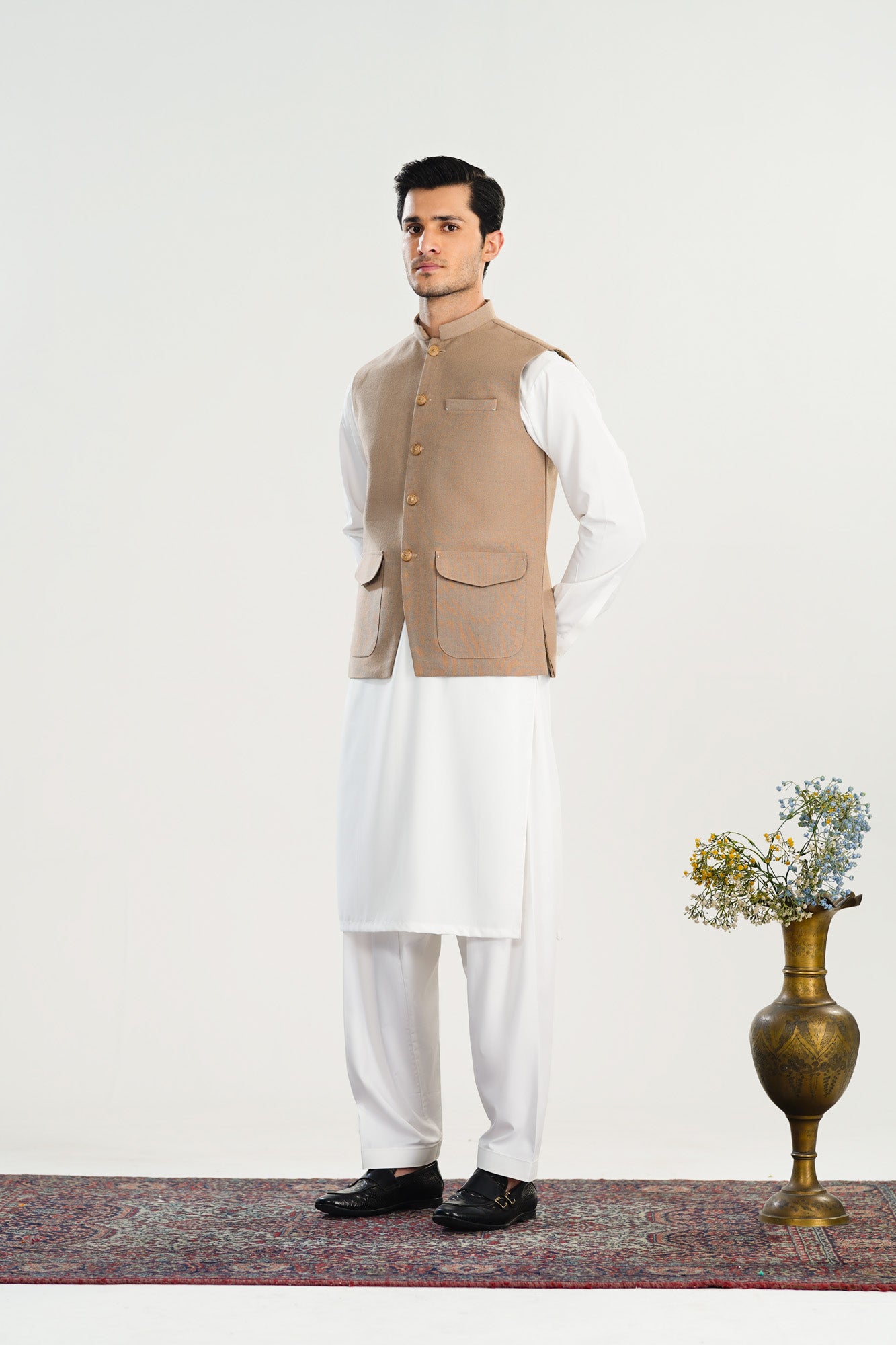 Off White Kurta Shalwar with Beige Khaddar Waistcoat - A-Line Cut - Men - Men