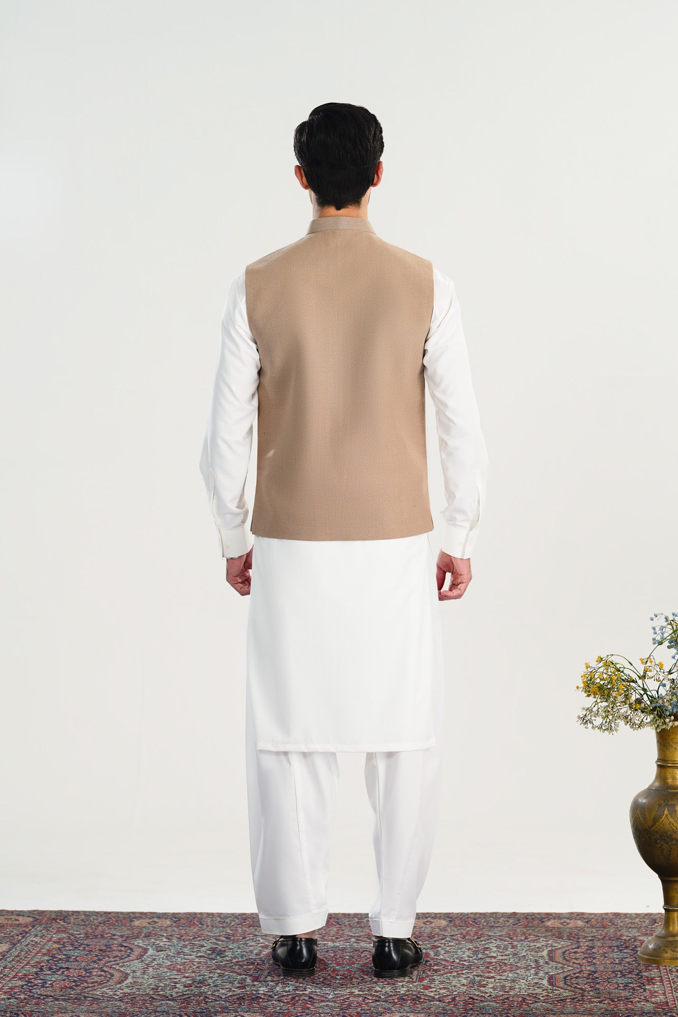 Off White Kurta Shalwar with Beige Khaddar Waistcoat - A-Line Cut - Men - Men