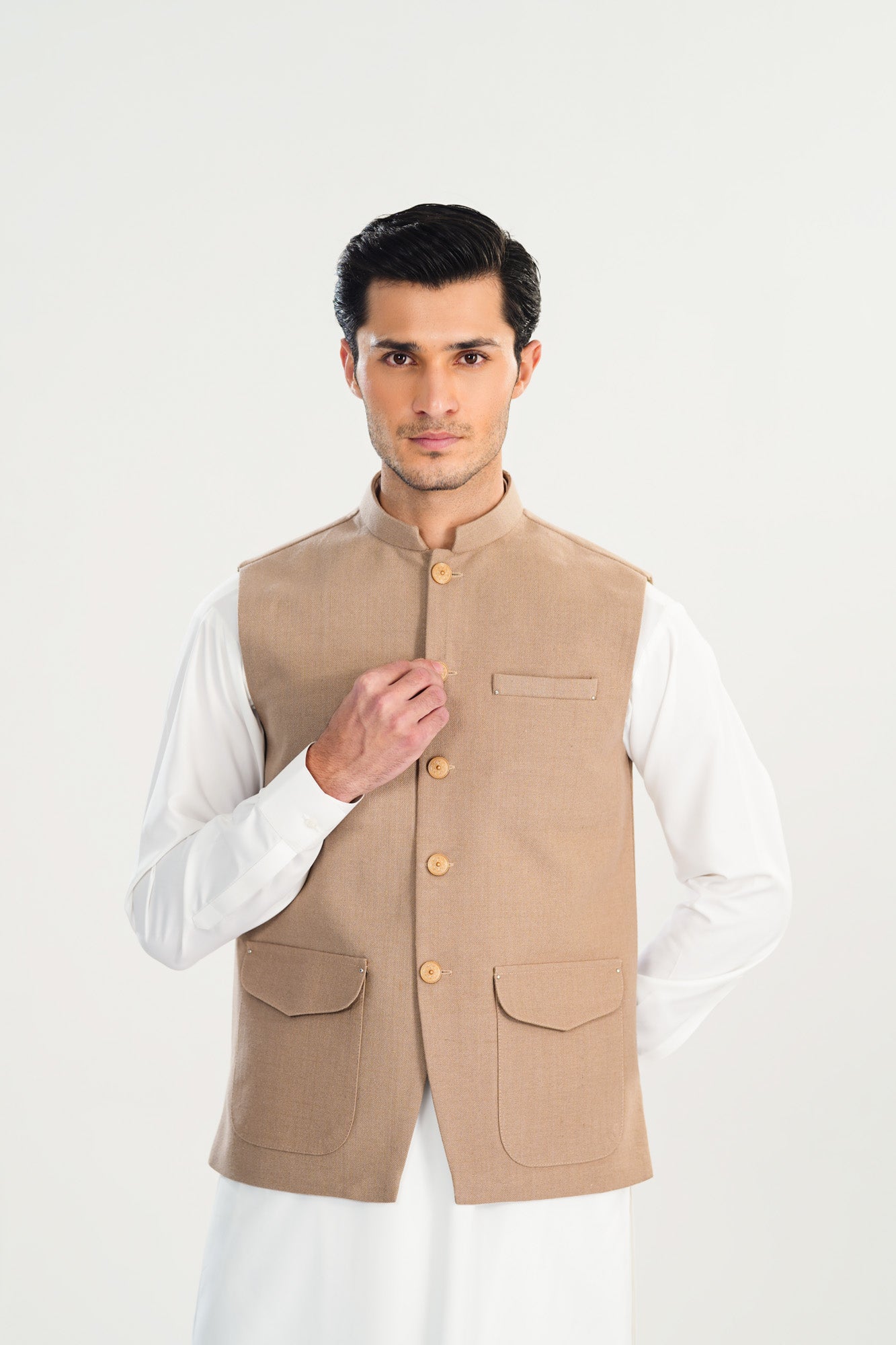Off White Kurta Shalwar with Beige Khaddar Waistcoat - A-Line Cut - Men - Men