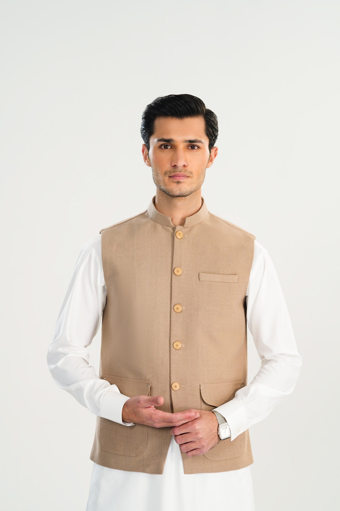 Off White Kurta Shalwar with Beige Khaddar Waistcoat - A-Line Cut - Men - Men