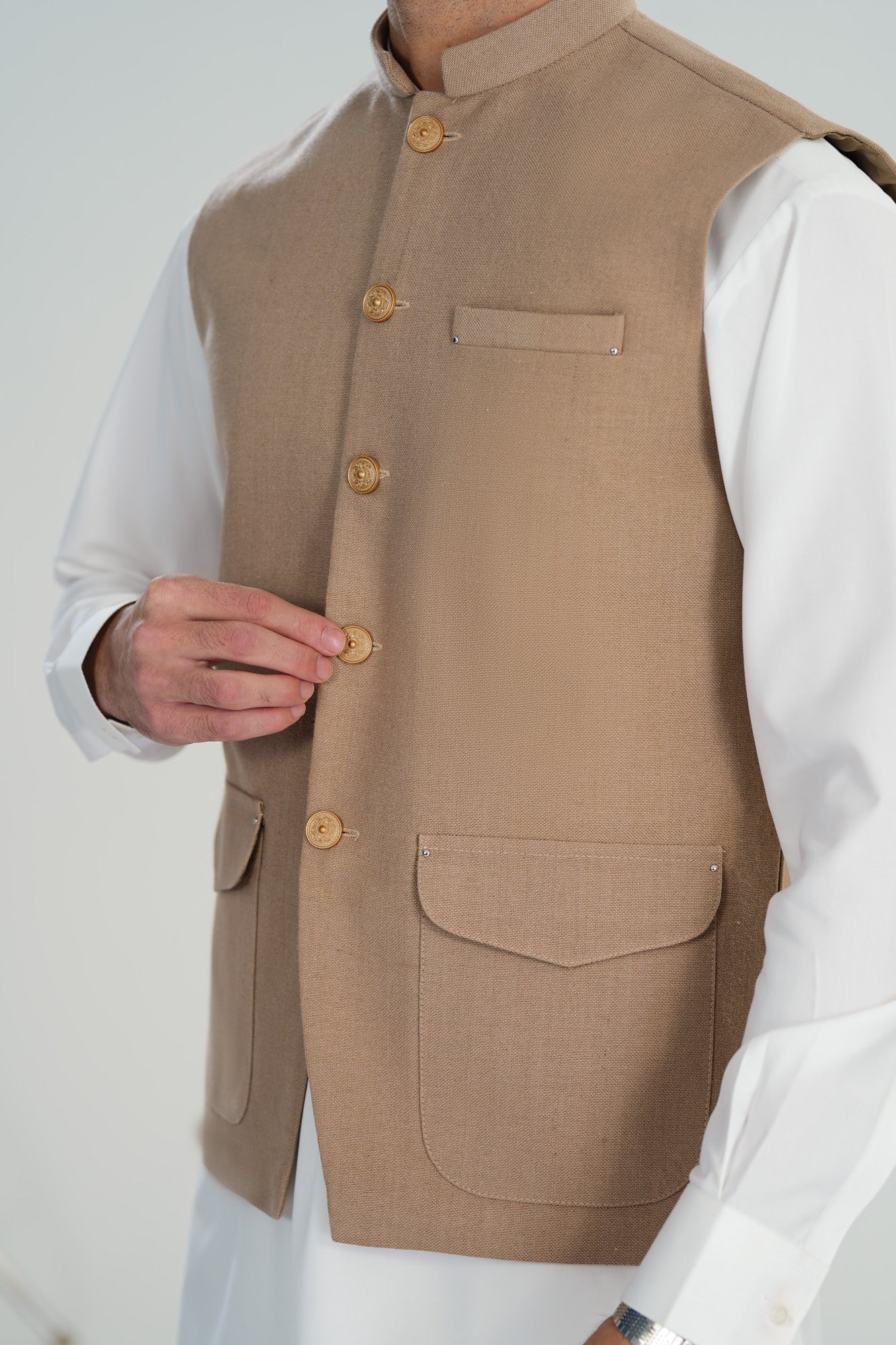 Off White Kurta Shalwar with Beige Khaddar Waistcoat - A-Line Cut - Men - Men