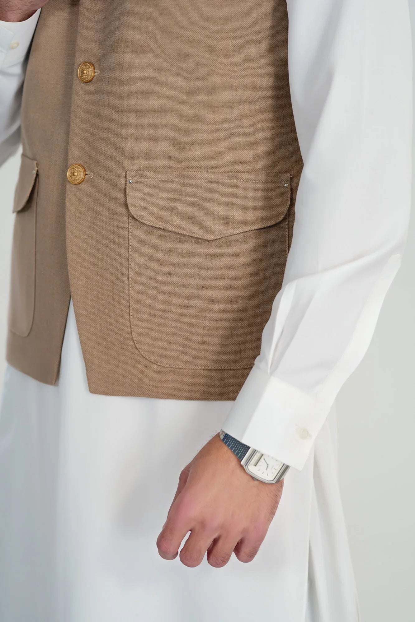 Beige Handloomed Khaddar Waistcoat - A-Line Cut - Men - Muraqsh -- Menswear