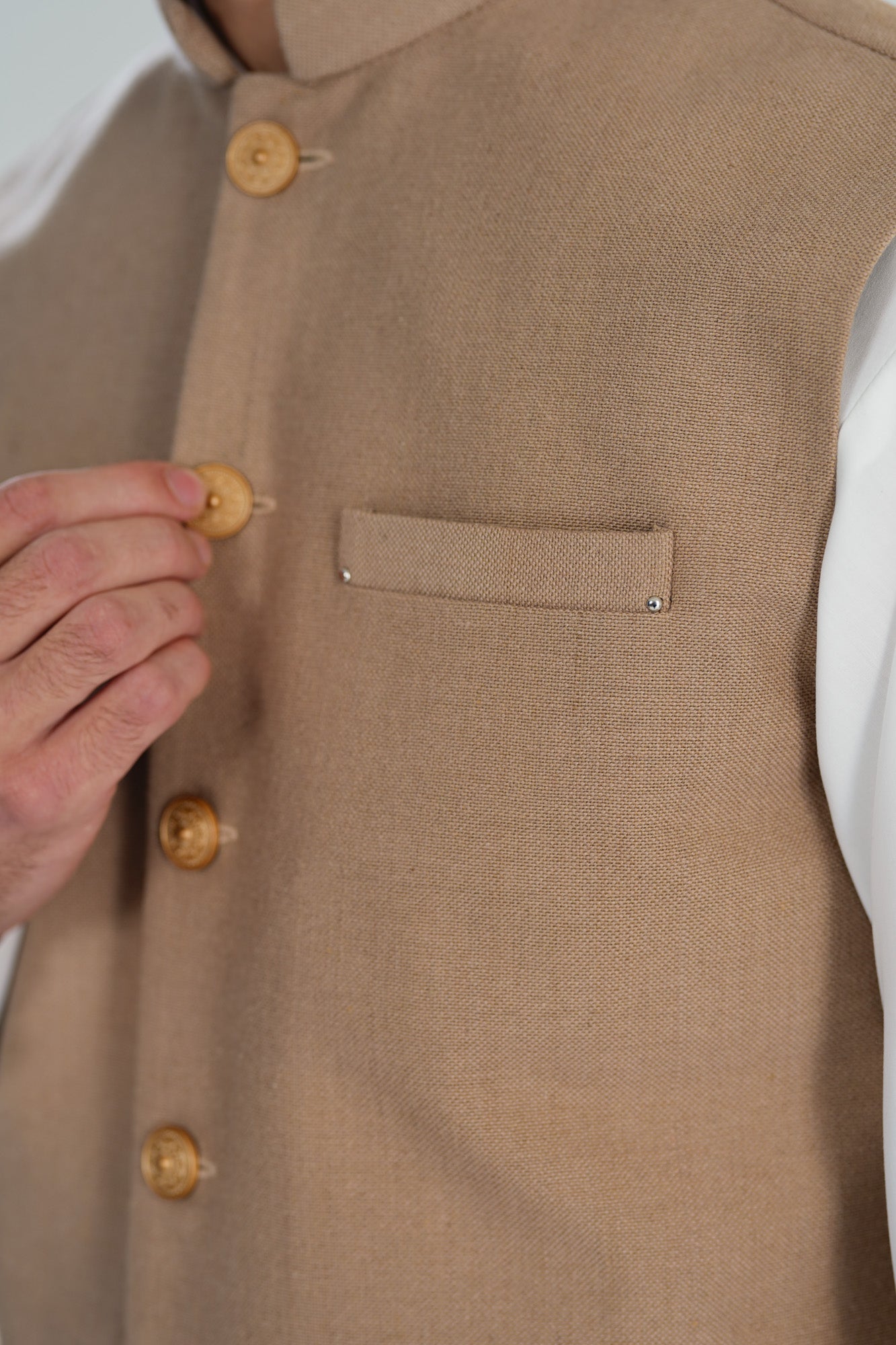 Off White Kurta Shalwar with Beige Khaddar Waistcoat - A-Line Cut - Men - Men