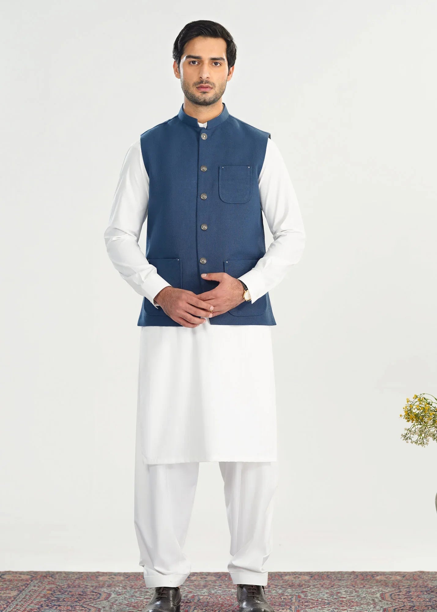 Off White Kurta Shalwar with Navy Blue Khaddar Waistcoat - A-Line Cut - Men - Muraqsh -- Menswear