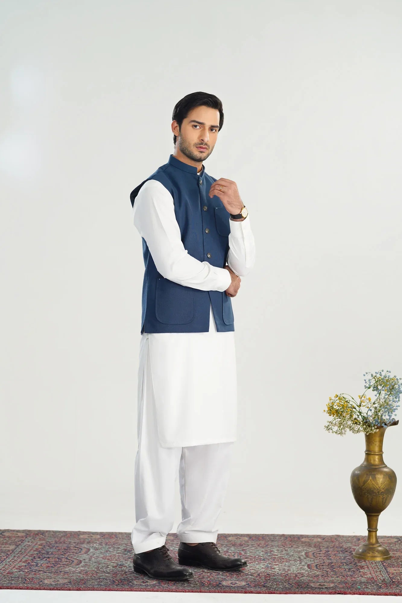 Off White Kurta Shalwar with Navy Blue Khaddar Waistcoat - A-Line Cut - Men - Muraqsh -- Menswear