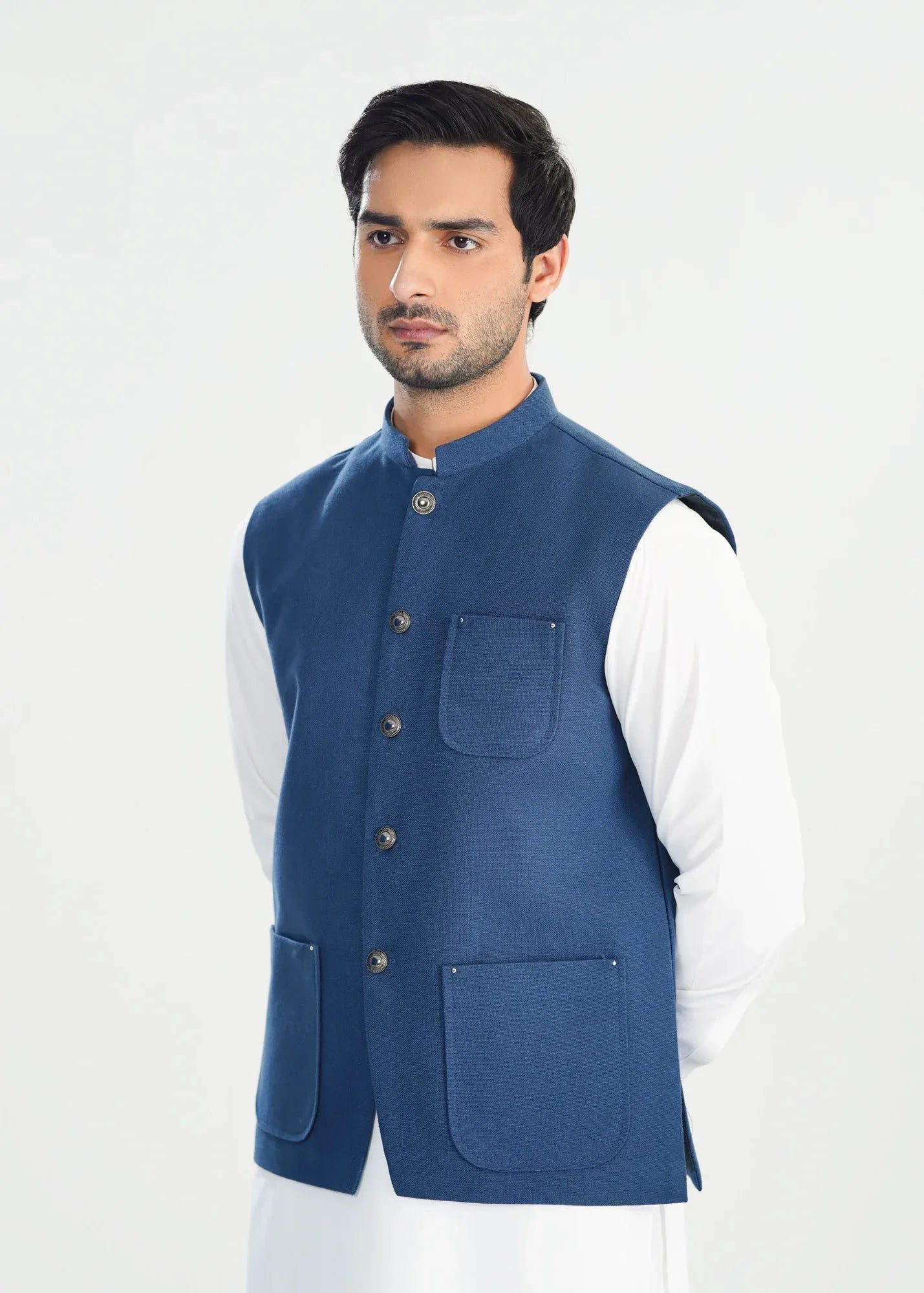 Off White Kurta Shalwar with Navy Blue Khaddar Waistcoat - A-Line Cut - Men - Muraqsh -- Menswear