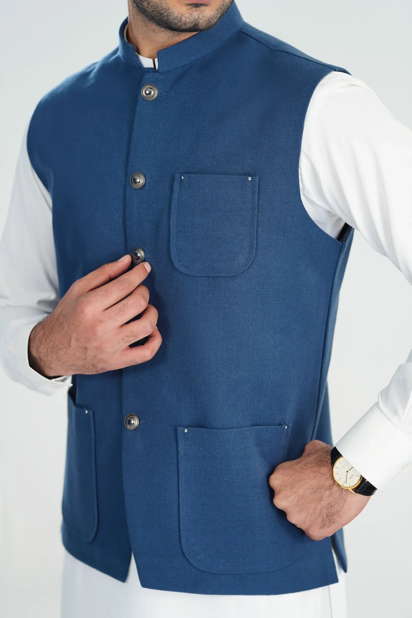 Off White Kurta Shalwar with Navy Blue Khaddar Waistcoat - A-Line Cut - Men - Muraqsh -- Menswear