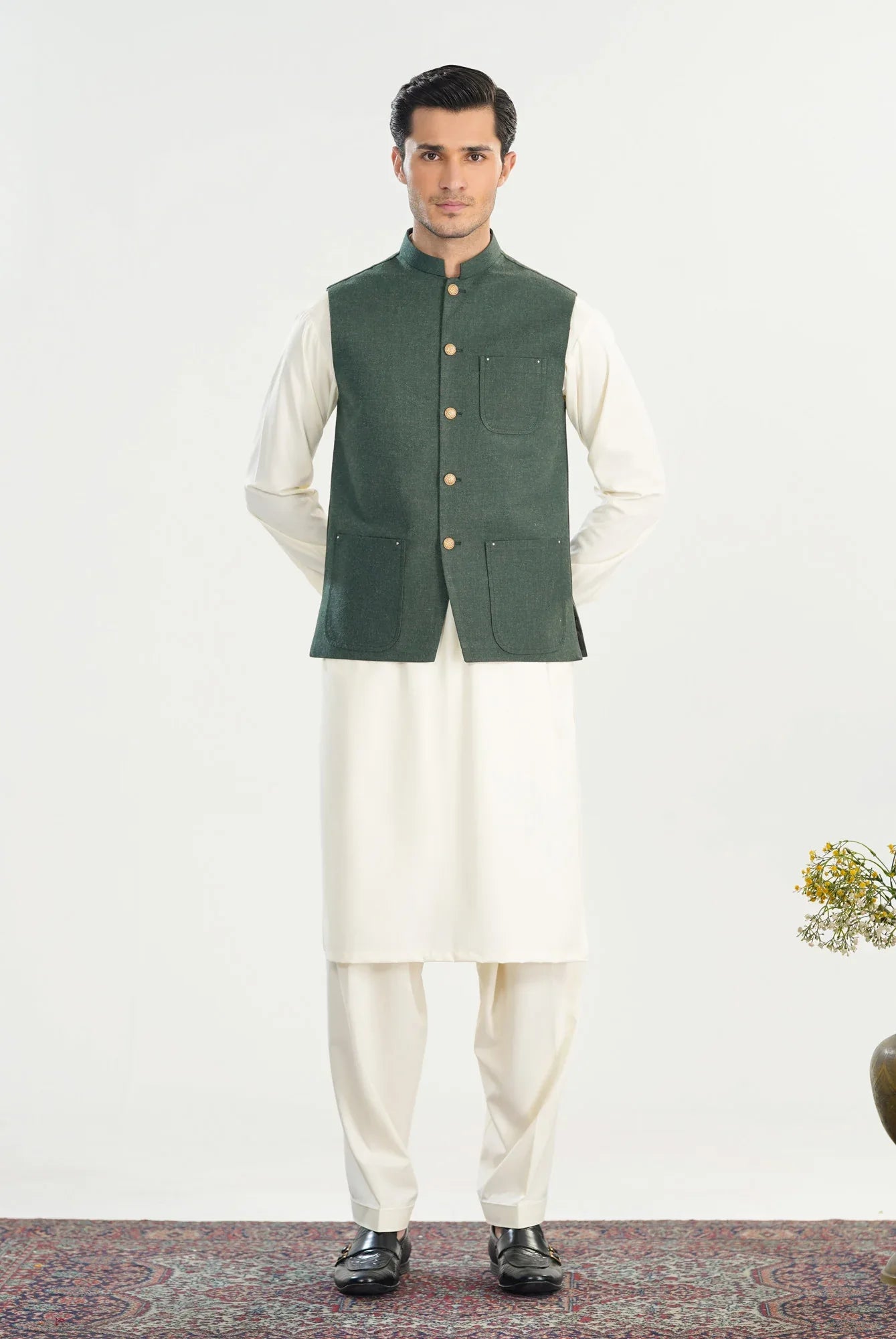 Army Green Wool Waistcoat - A-Line Cut - Men - Muraqsh -- Menswear