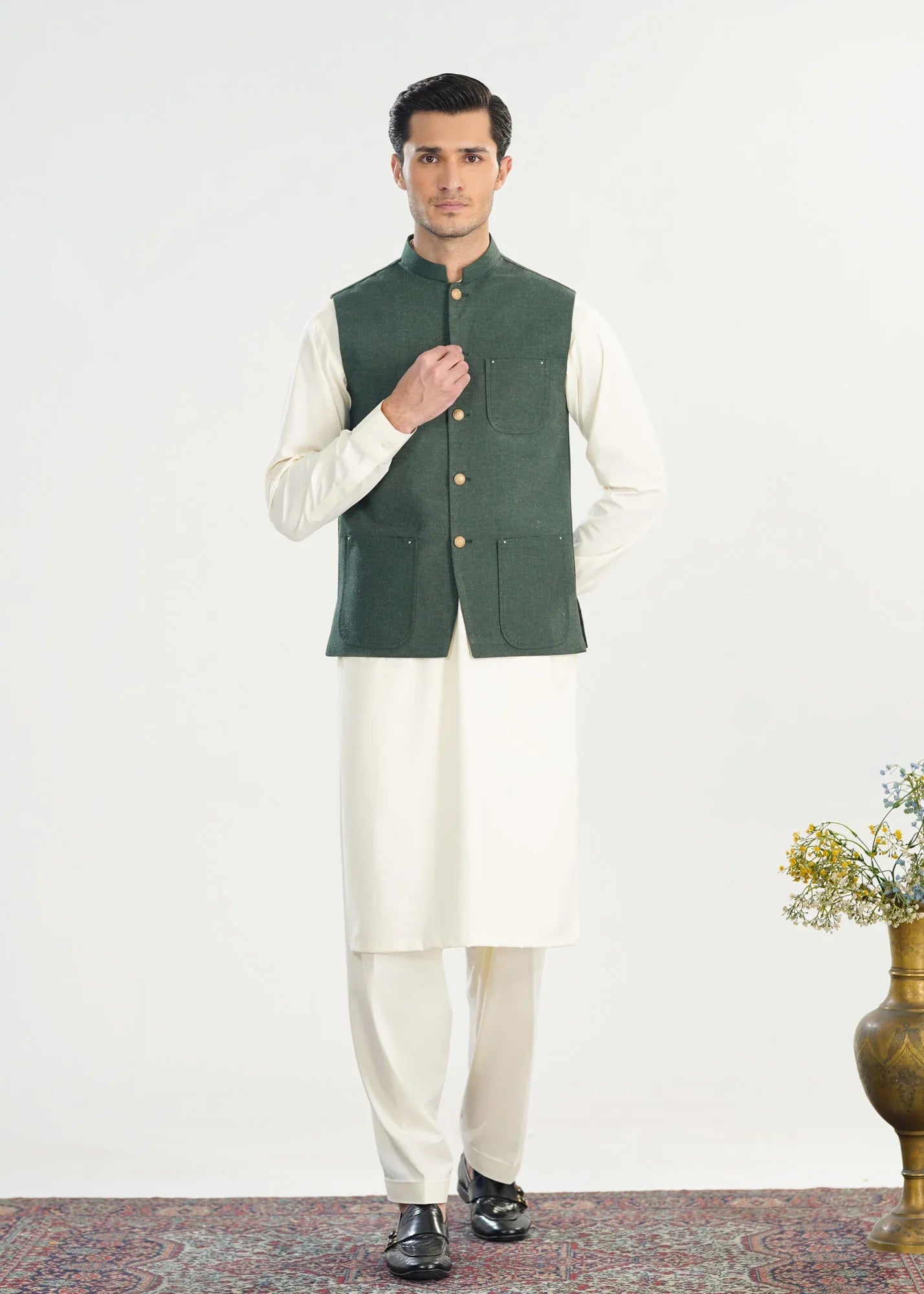 Army Green Wool Waistcoat - A-Line Cut - Men - Muraqsh -- Menswear