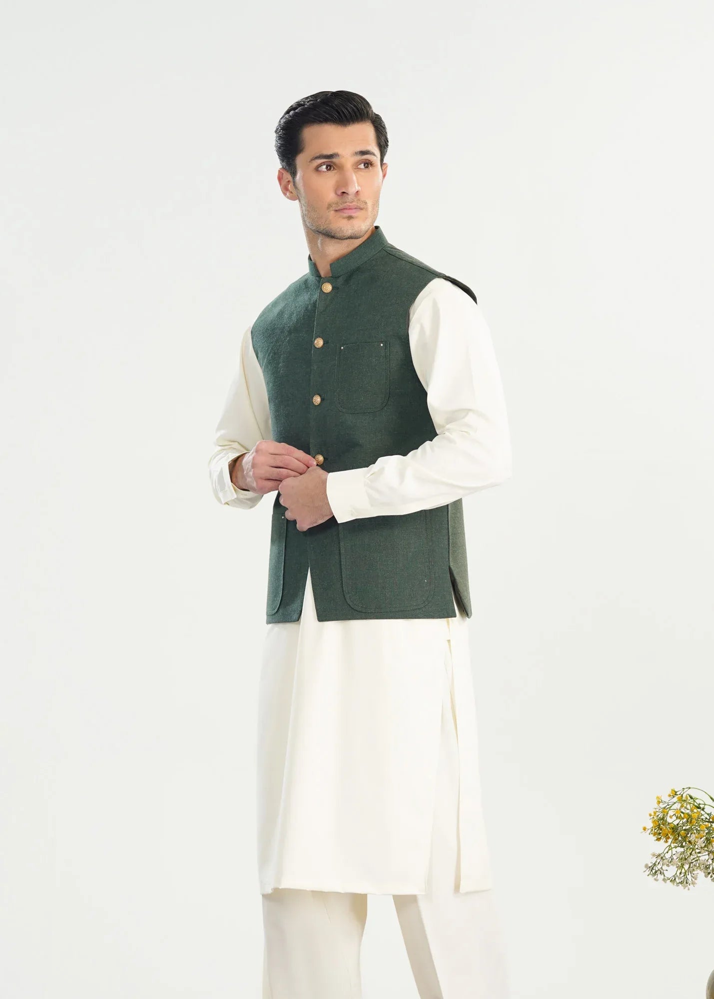 Army Green Wool Waistcoat - A-Line Cut - Men - Muraqsh -- Menswear