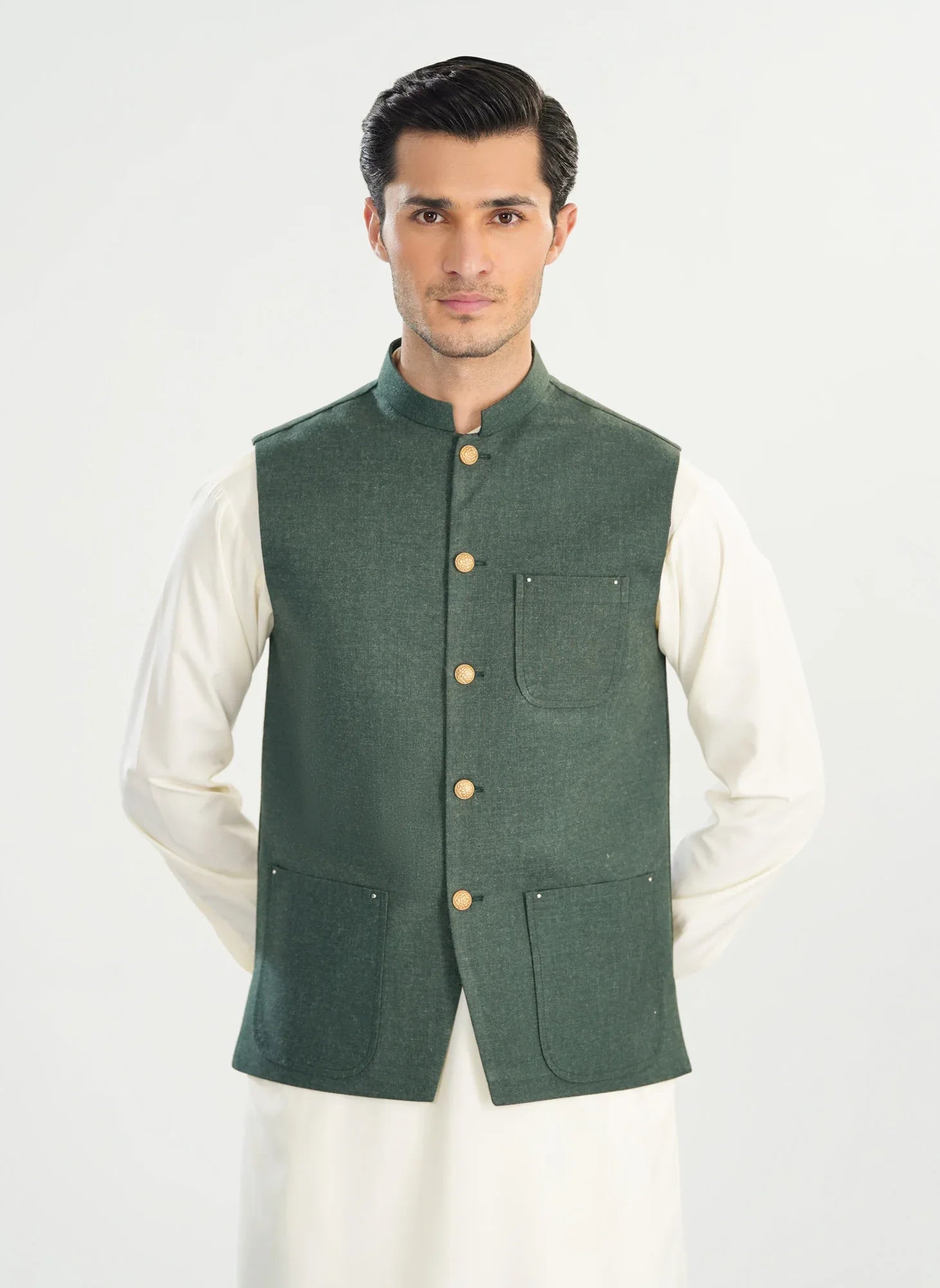 Army Green Wool Waistcoat - A-Line Cut - Men - Muraqsh -- Menswear