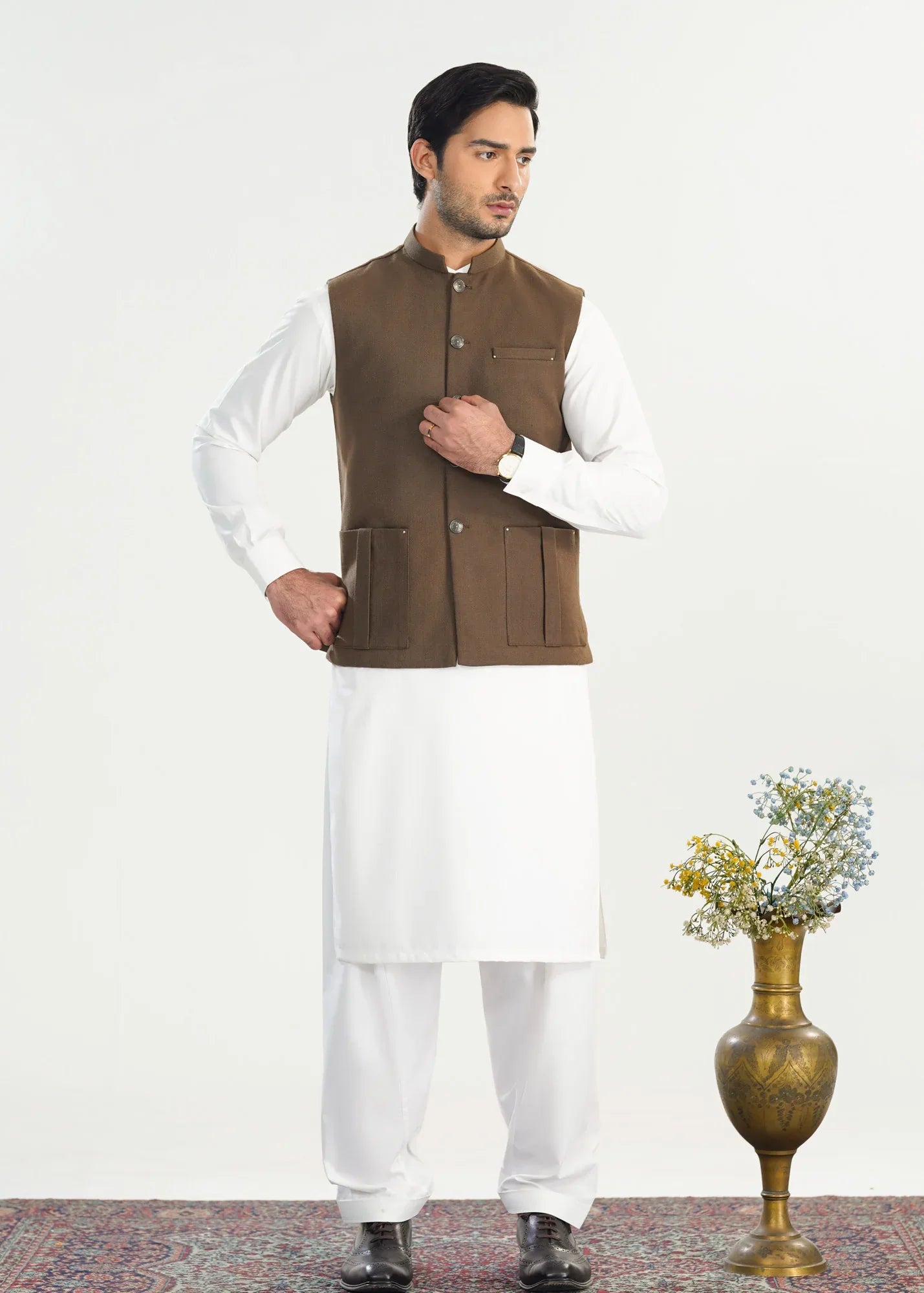Olive Brown Handloomed Khaddar Waistcoat - Straigth Cut - Men - Muraqsh -- Menswear