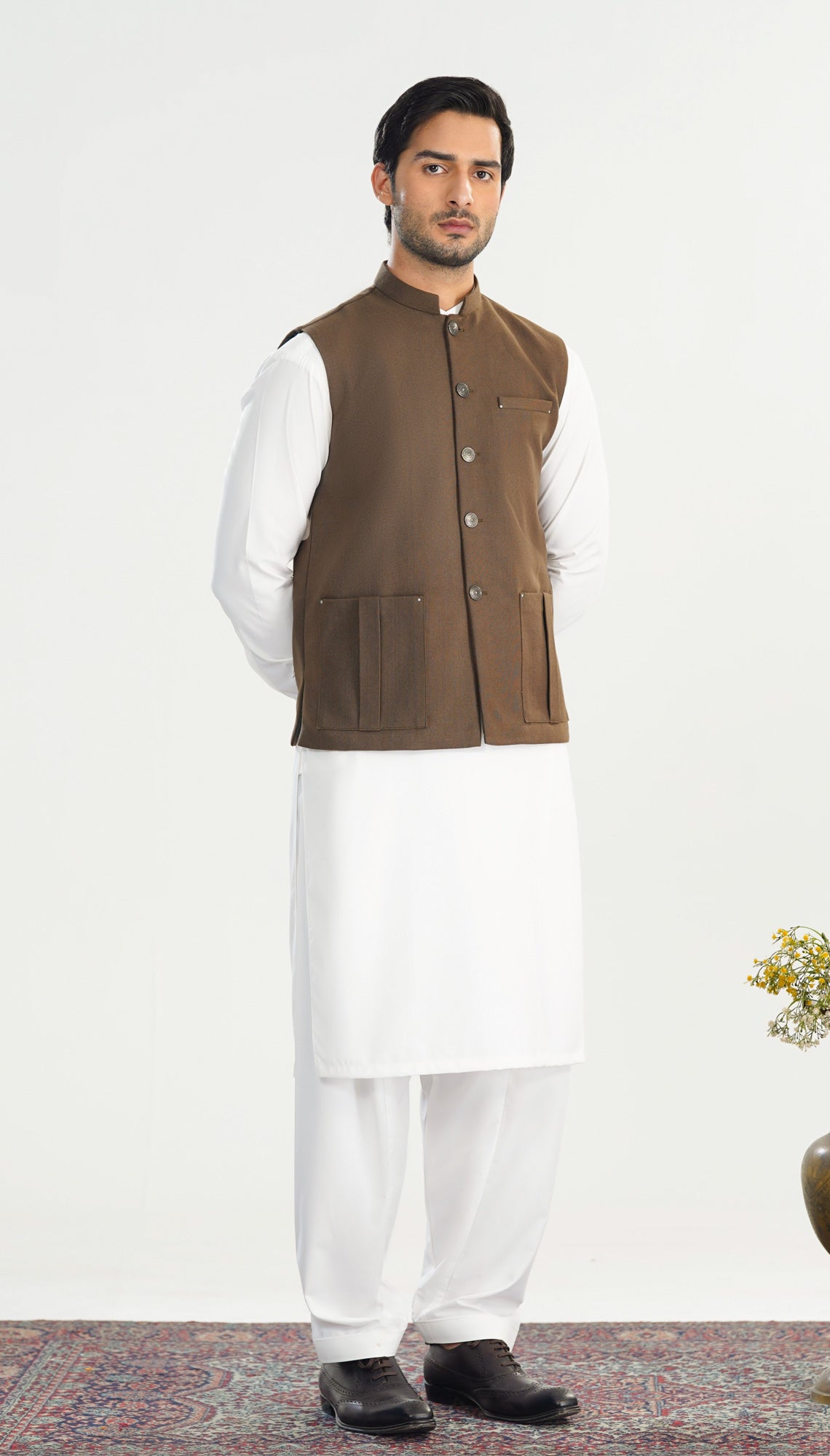Off White Kurta Shalwar with Olive Brown Khaddar Waistcoat - Straight Cut - Men - Men