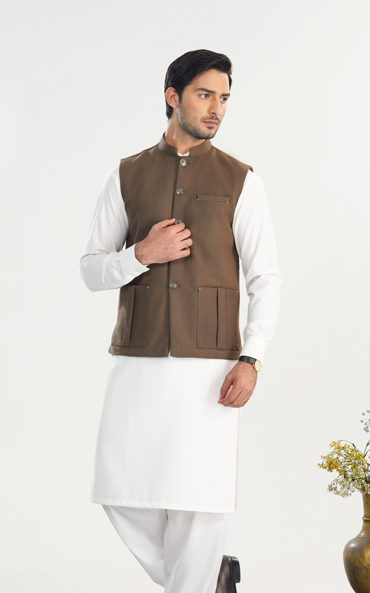 Off White Kurta Shalwar with Olive Brown Khaddar Waistcoat - Straight Cut - Men - Men