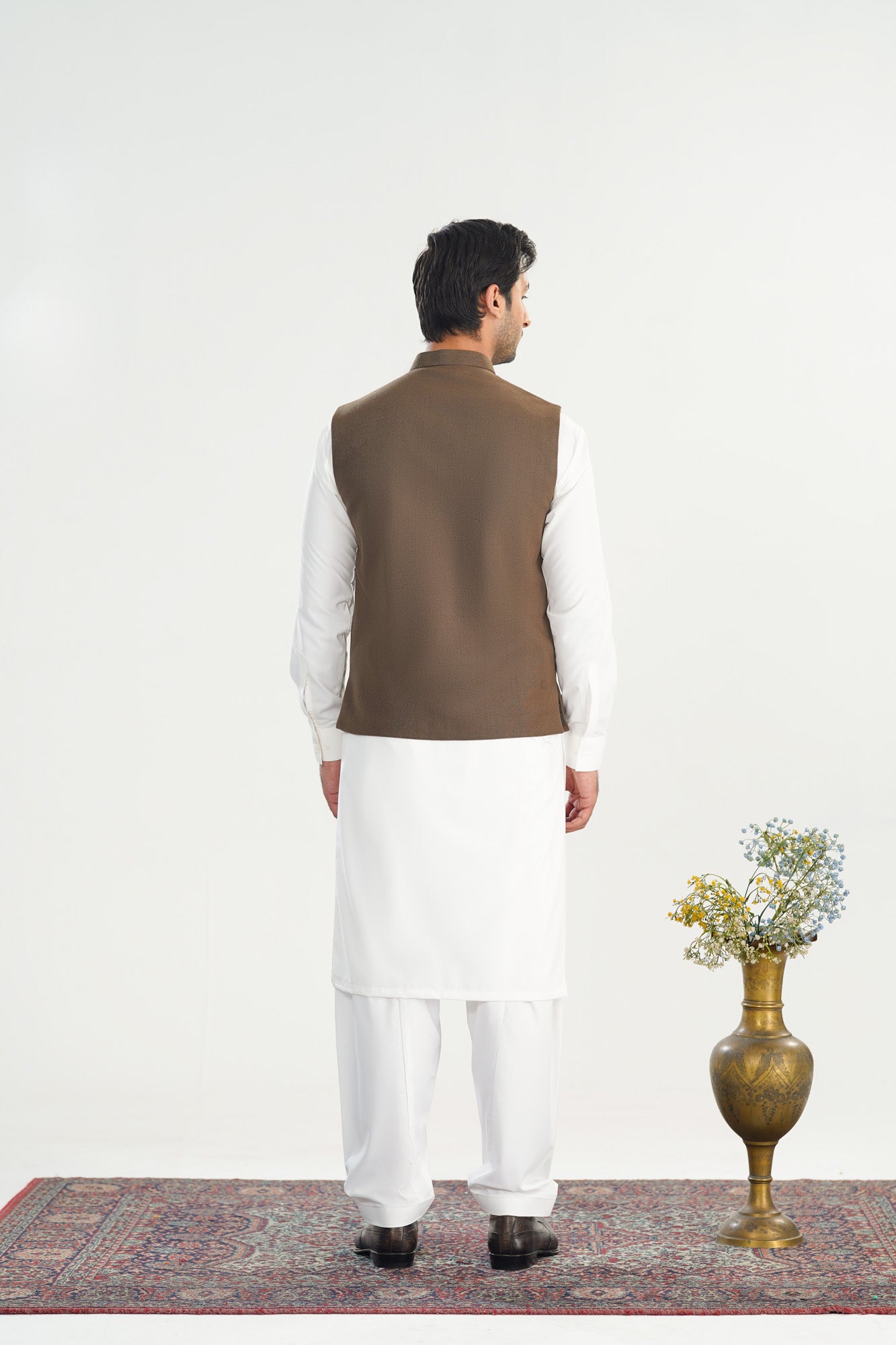 Off White Kurta Shalwar with Olive Brown Khaddar Waistcoat - Straight Cut - Men - Men