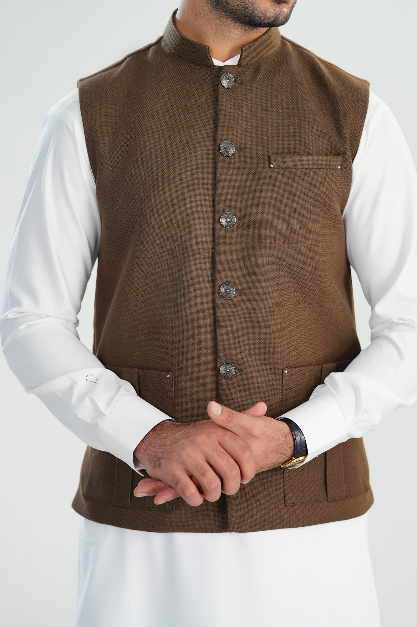 Off White Kurta Shalwar with Olive Brown Khaddar Waistcoat - Straight Cut - Men - Men