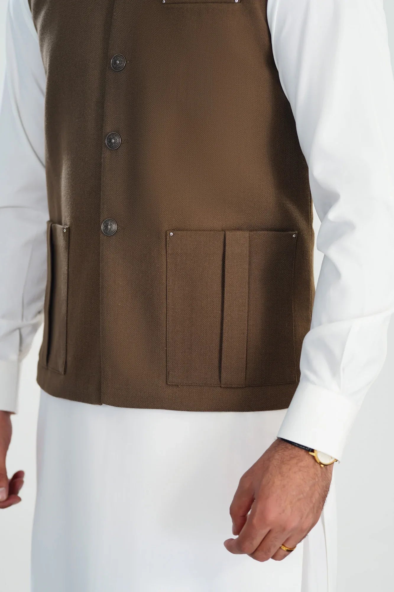 Olive Brown Handloomed Khaddar Waistcoat - Straigth Cut - Men - Muraqsh -- Menswear