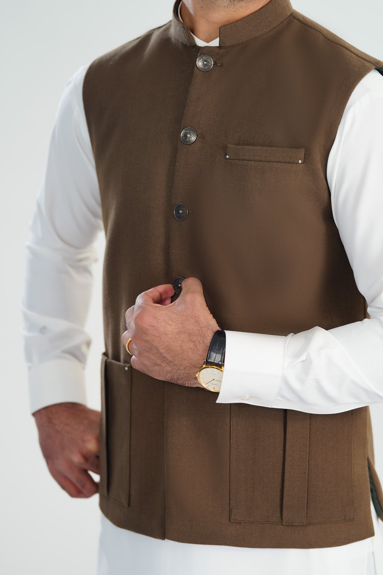 Off White Kurta Shalwar with Olive Brown Khaddar Waistcoat - Straight Cut - Men - Men