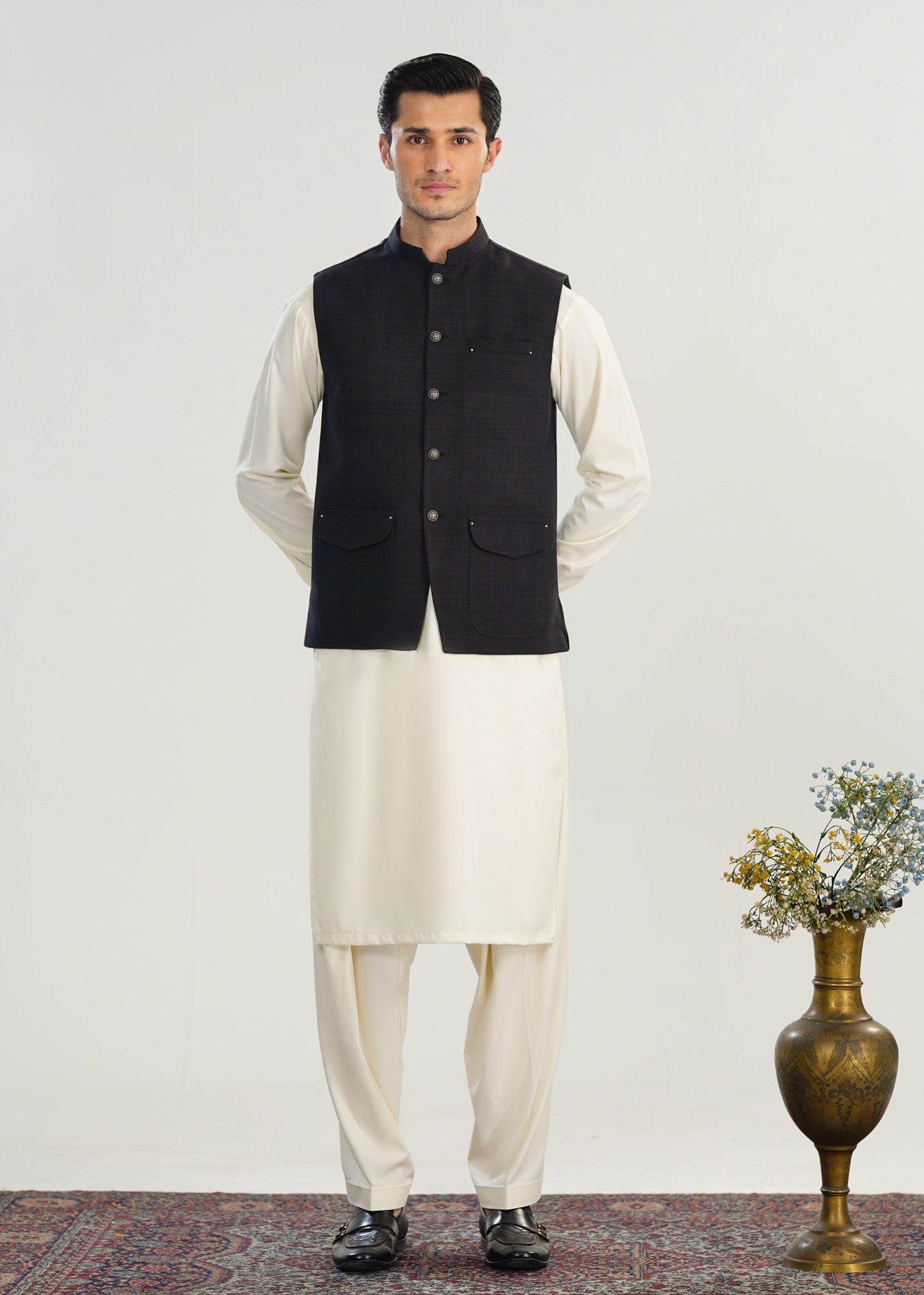 Bosky White Kurta Shalwar with Black Khaddar Waistcoat - A-Line Cut - Men - Men
