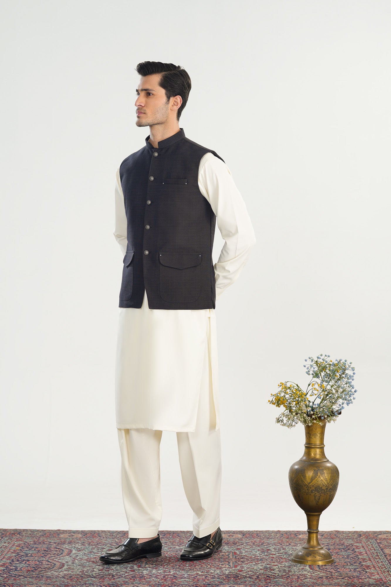 Bosky White Kurta Shalwar with Black Khaddar Waistcoat - A-Line Cut - Men - Men