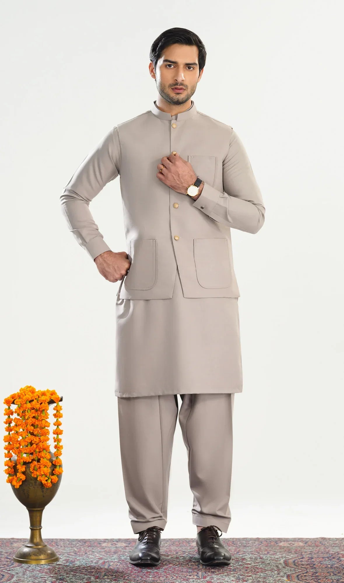 Dull Nude Kameez Shalwar with Blended Waistcoat - A-Line Cut - Men - Muraqsh -- Menswear