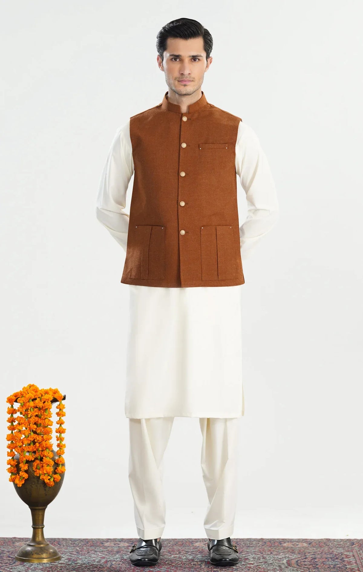 Bosky White Kurta Shalwar with Caramel Wool Waistcoat - Straight Cut - Men - Muraqsh -- Menswear