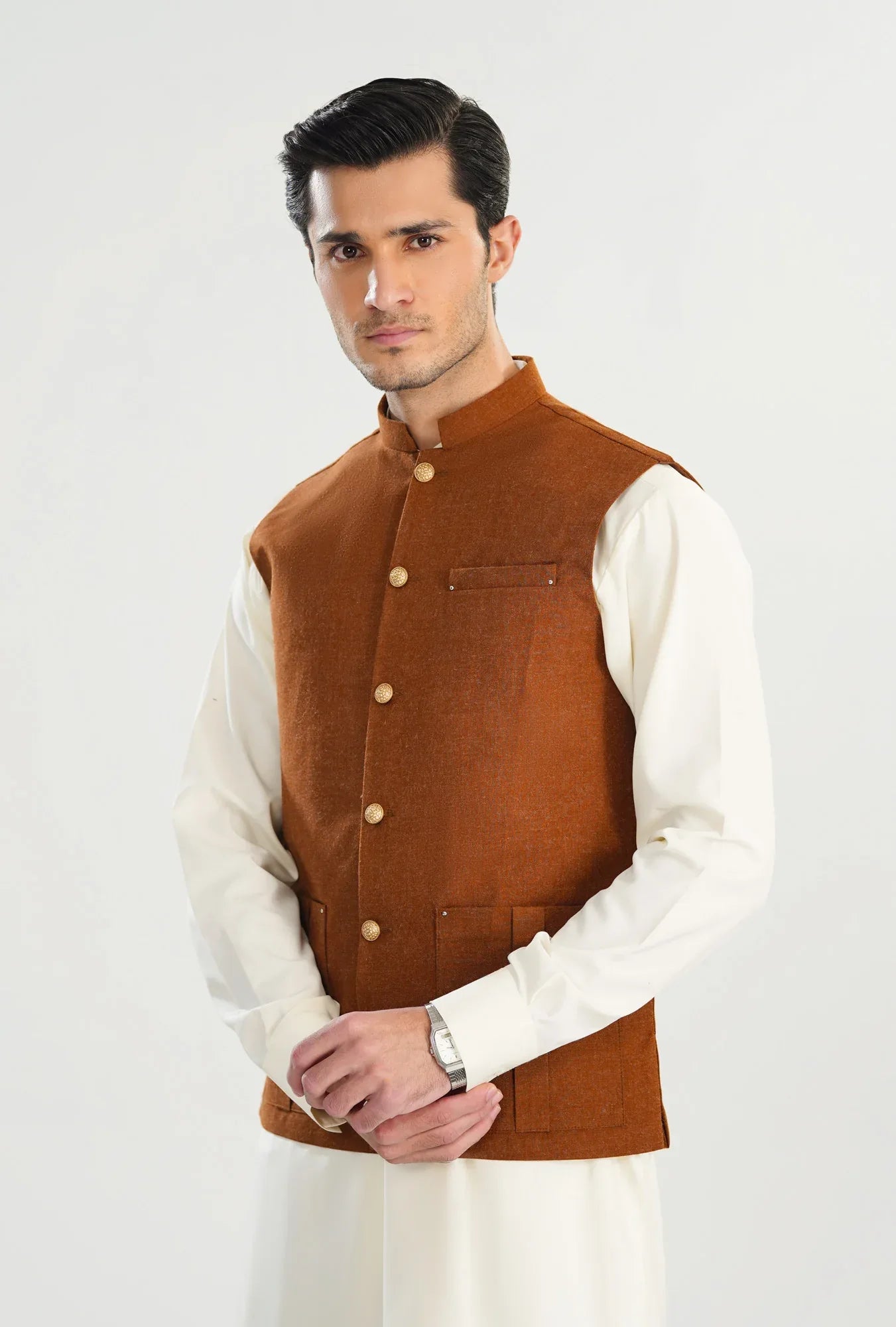 Caramel Wool Waistcoat - Straigth Cut - Men - Muraqsh -- Menswear