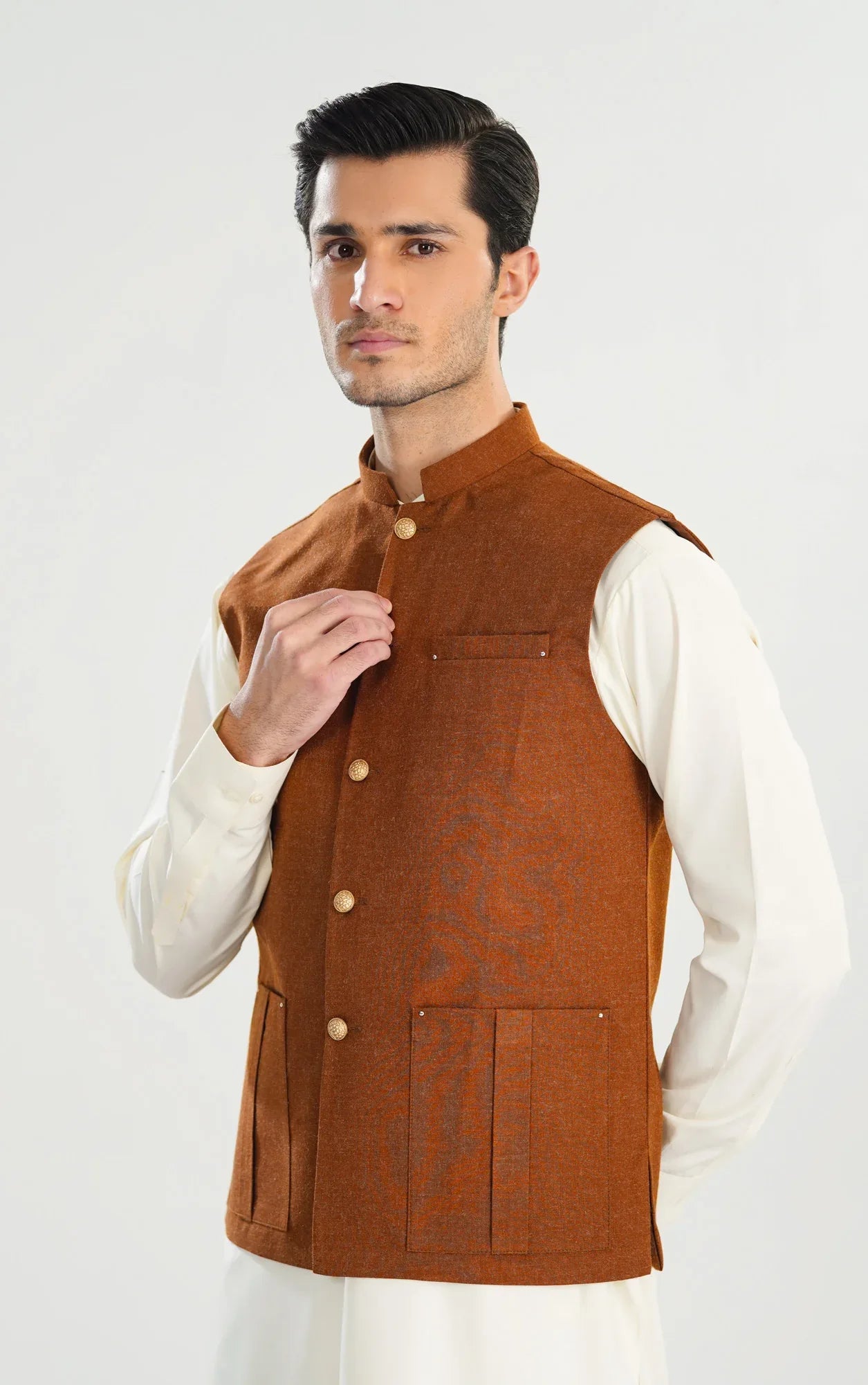 Caramel Wool Waistcoat - Straigth Cut - Men - Muraqsh -- Menswear