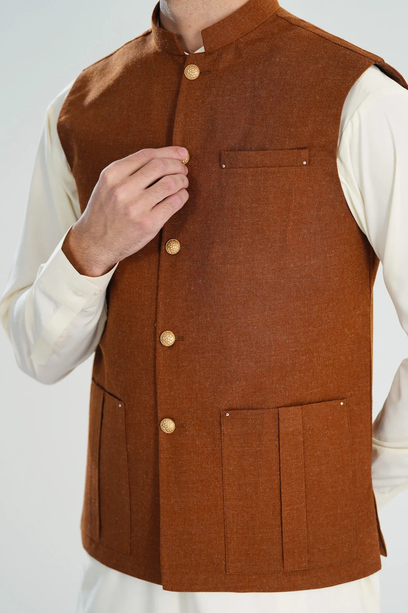 Caramel Wool Waistcoat - Straigth Cut - Men - Muraqsh -- Menswear