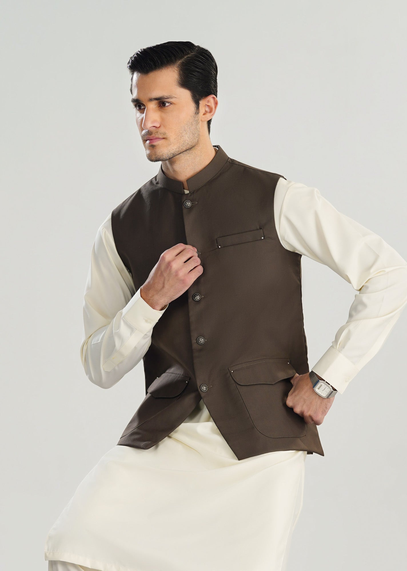 Bosky White Kurta Shalwar with Taupe Suiting Waistcoat - Straight Cut - Men - Men