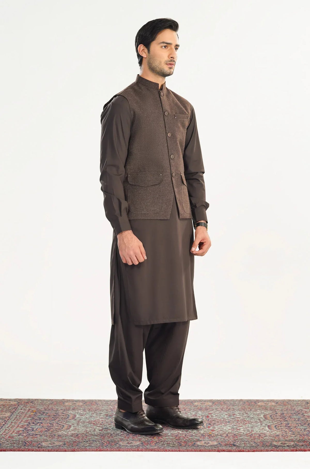 Brown Kurta Shalwar with Wool Waistcoat - A-Line Cut - Men - Muraqsh -- Menswear