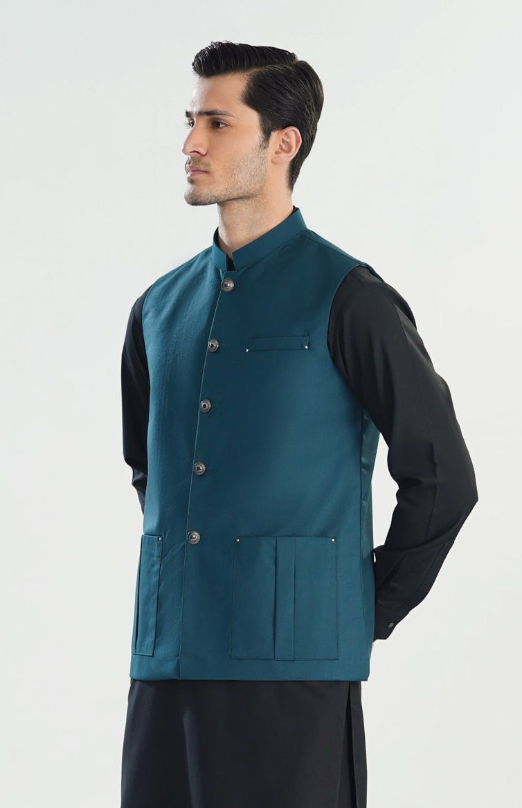Teal Blue Suiting Waistcoat - Straight Cut - Men - Men