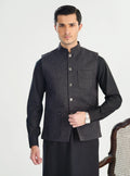 Black Textured Blended Waistcoat - A-Line Cut - Men