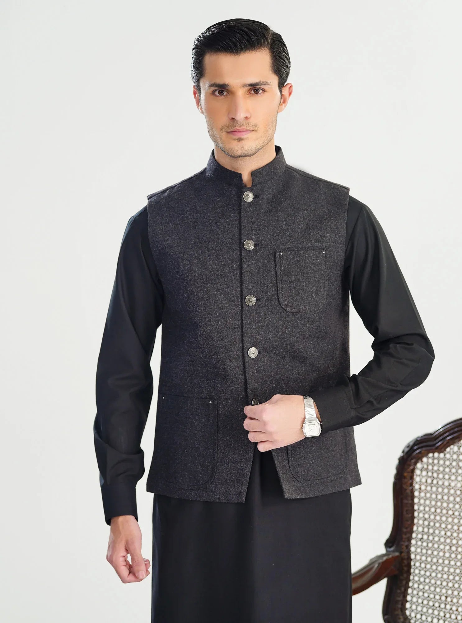 Black Wool Waistcoat - A-Line Cut - Men - Muraqsh -- Menswear
