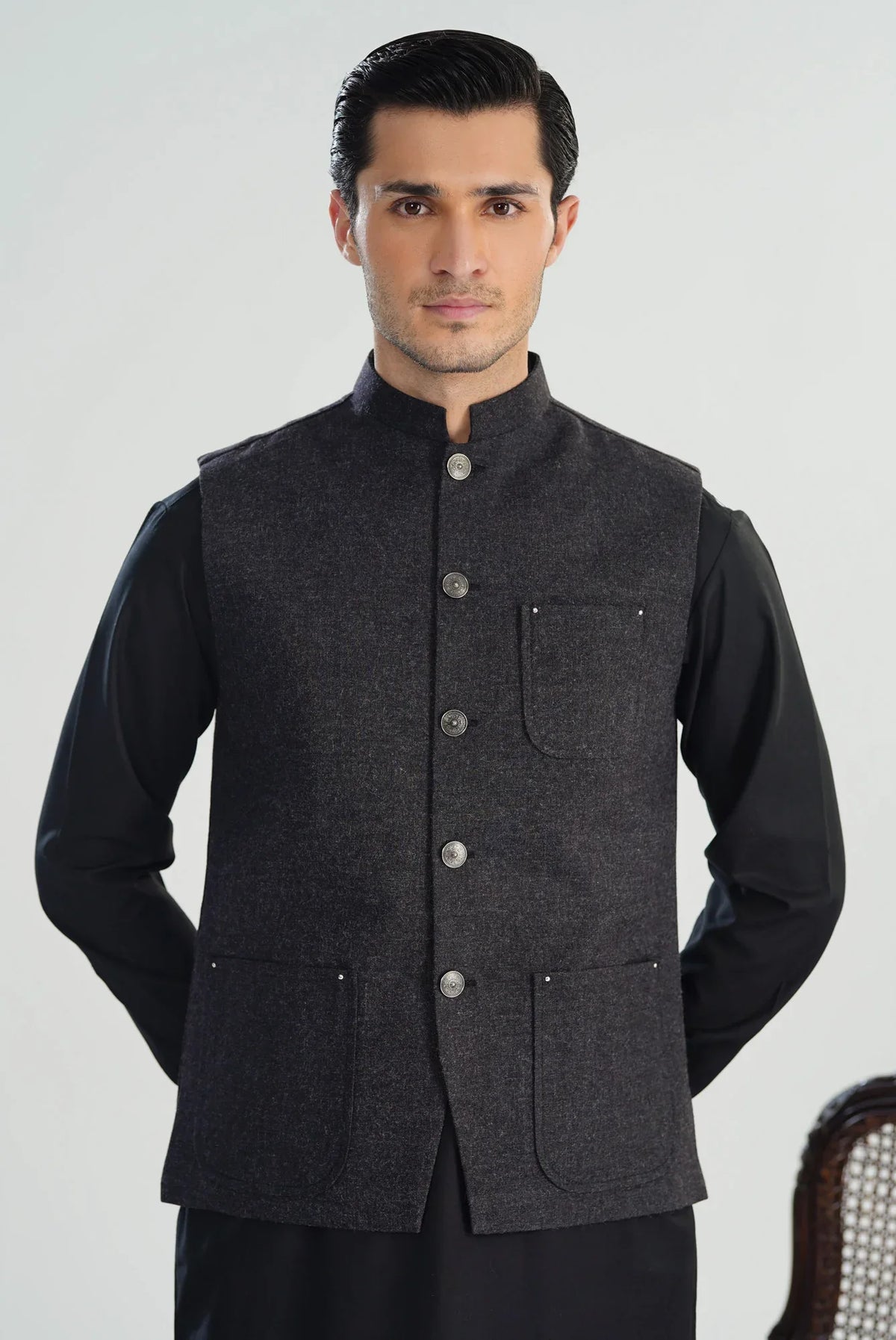 Black Kurta Shalwar with Wool Waistcoat - A-Line Cut - Men - Muraqsh -- Menswear