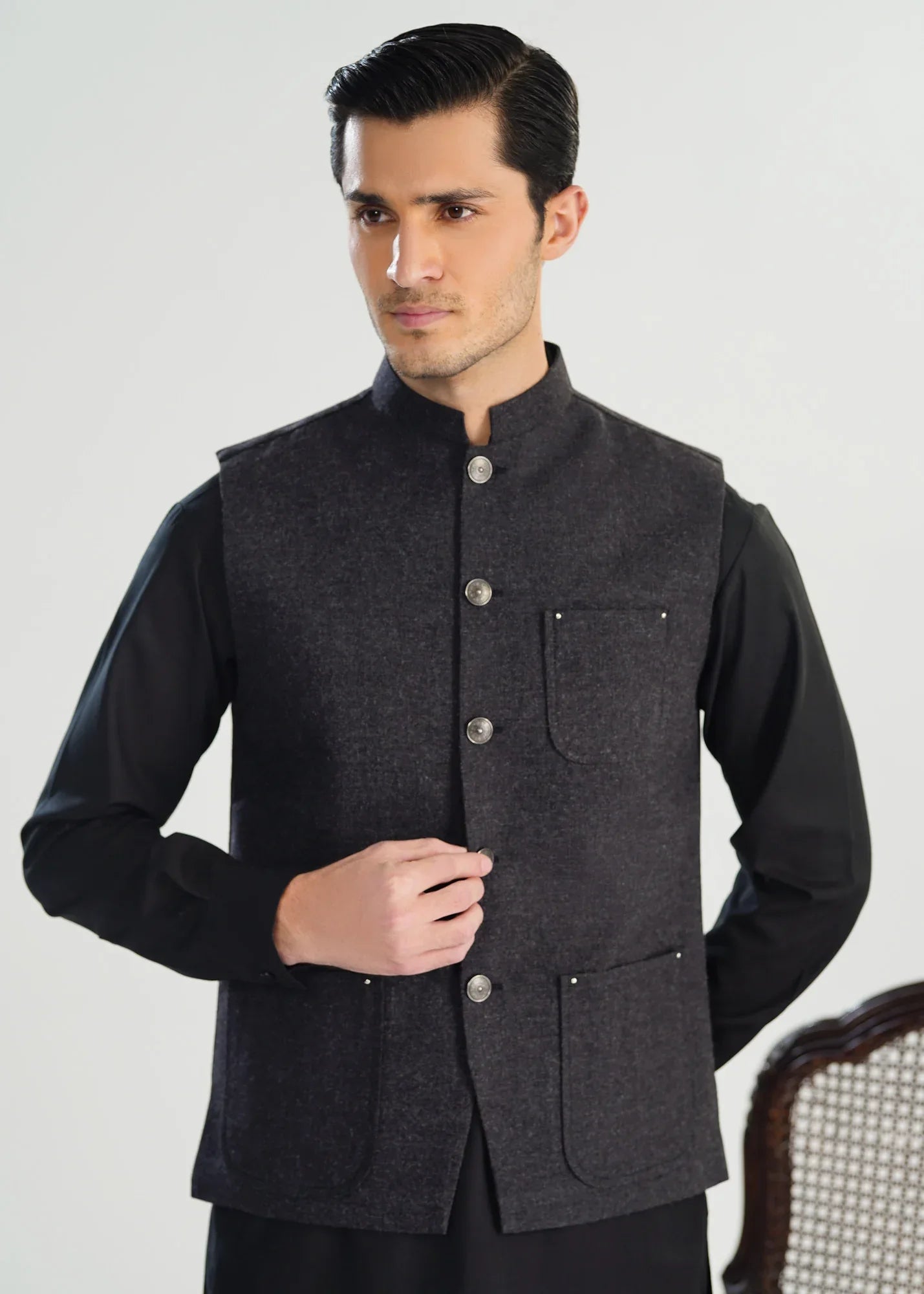 Black Wool Waistcoat - A-Line Cut - Men - Muraqsh -- Menswear